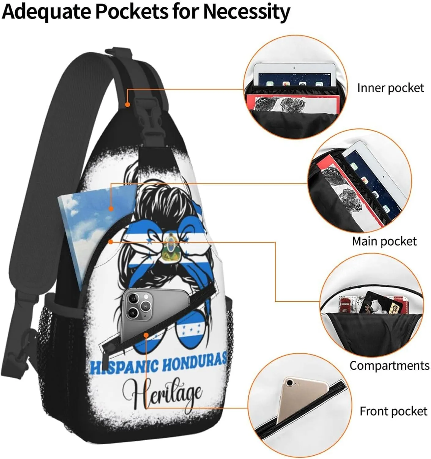 Honduras Flag Hispanic Heritage Month Messy Bun Crossbody Bag Cross Chest Bag Adjustable Sling Backpack Sports Gym Shoulder Bags Travel Cycling Daypack Diagonally Casual Rucksack