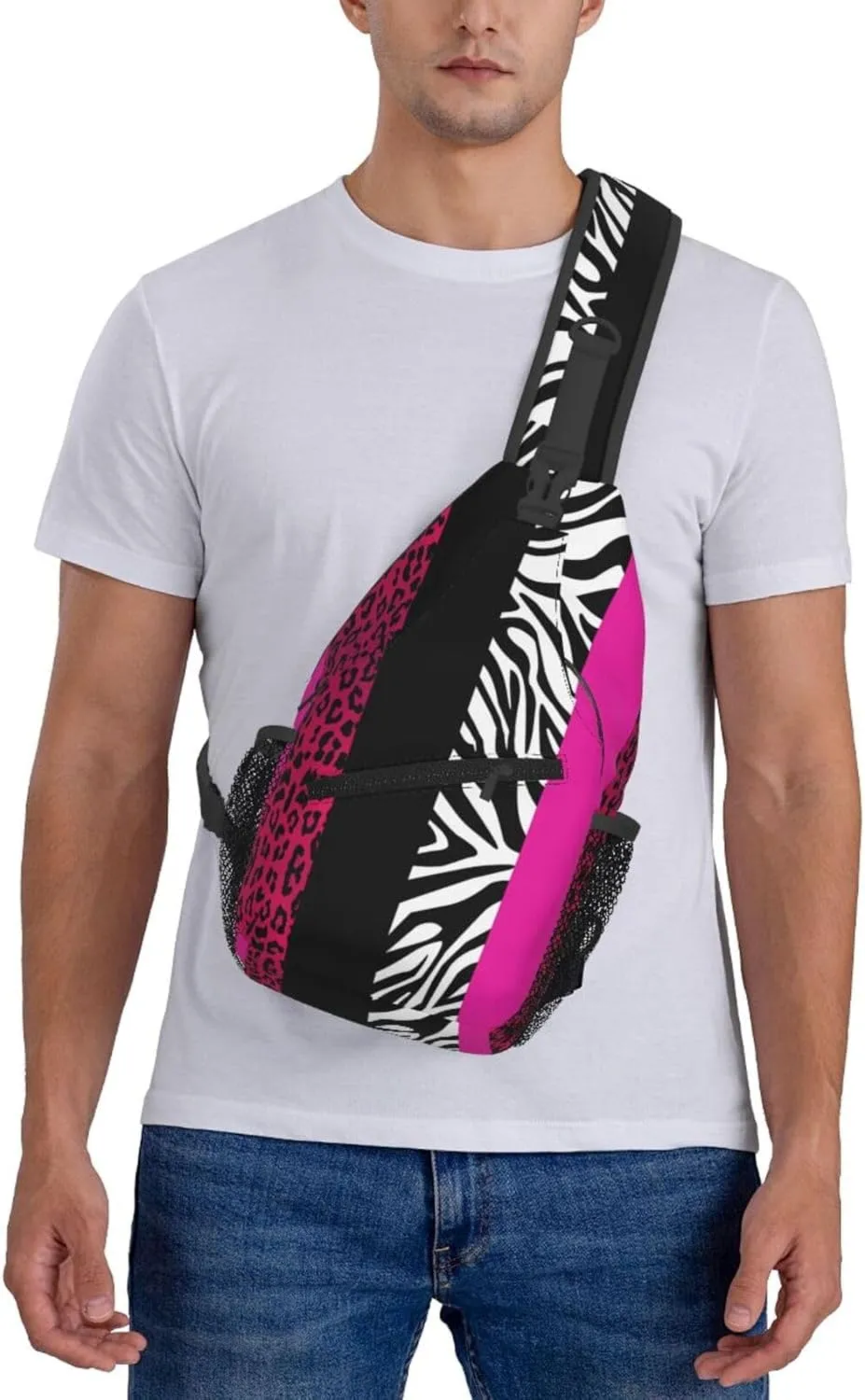Hot Pink Zebra Leopard Animal Stripes Crossbody Bag Cross Chest Bag Adjustable Sling Backpack Sports Gym Shoulder Bags Travel Cycling Daypack Diagonally Casual Rucksack