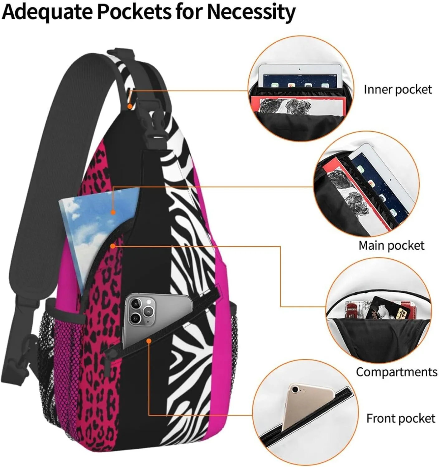 Hot Pink Zebra Leopard Animal Stripes Crossbody Bag Cross Chest Bag Adjustable Sling Backpack Sports Gym Shoulder Bags Travel Cycling Daypack Diagonally Casual Rucksack