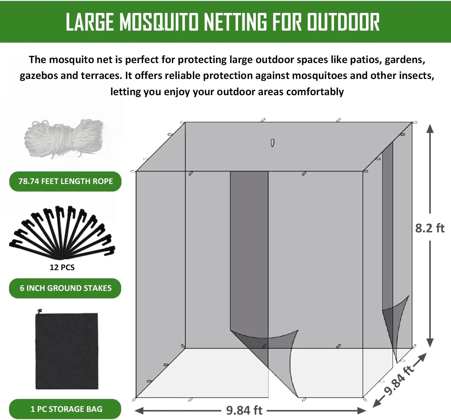 Hugeleaf 9.84 X 9.84 X 8.2 Ft Large Mosquito Net with 2 Openings, 220 Mesh Mosquito Netting for Patio Protection from Insect, Square Outdoor Bug Netting for Camping, Gazebo, Porch, Garden (White)