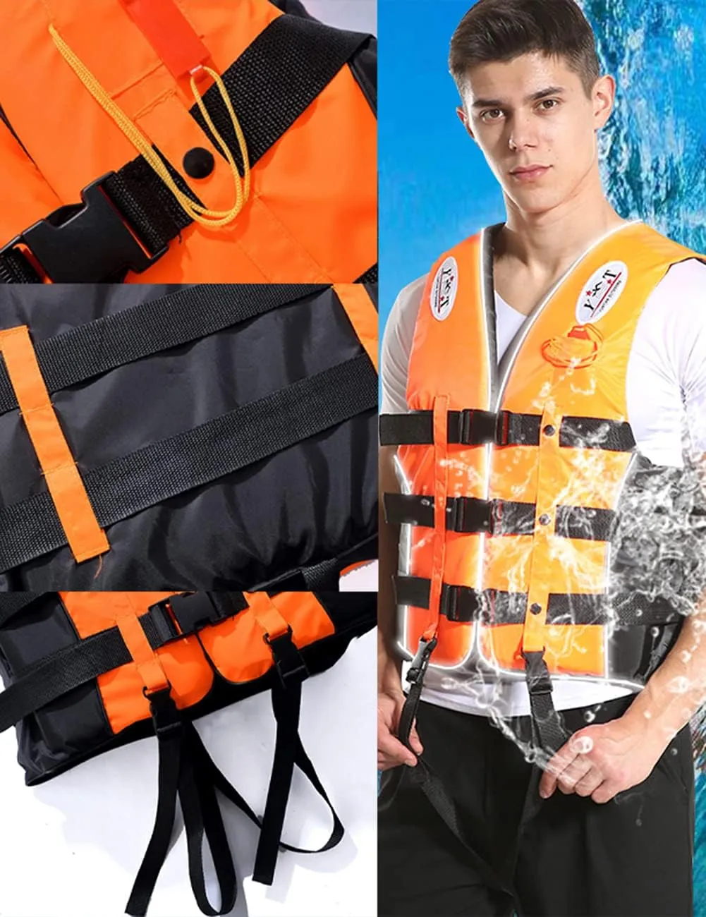 huraty Unisex Swim Jacket for Kids and Adults, High Buoyancy Reflective Floating Vest Swimsuit with Adjustable Safety Straps, Outdoor Water Sports Vests for Boating, Kayaking, Surfing, Sailing