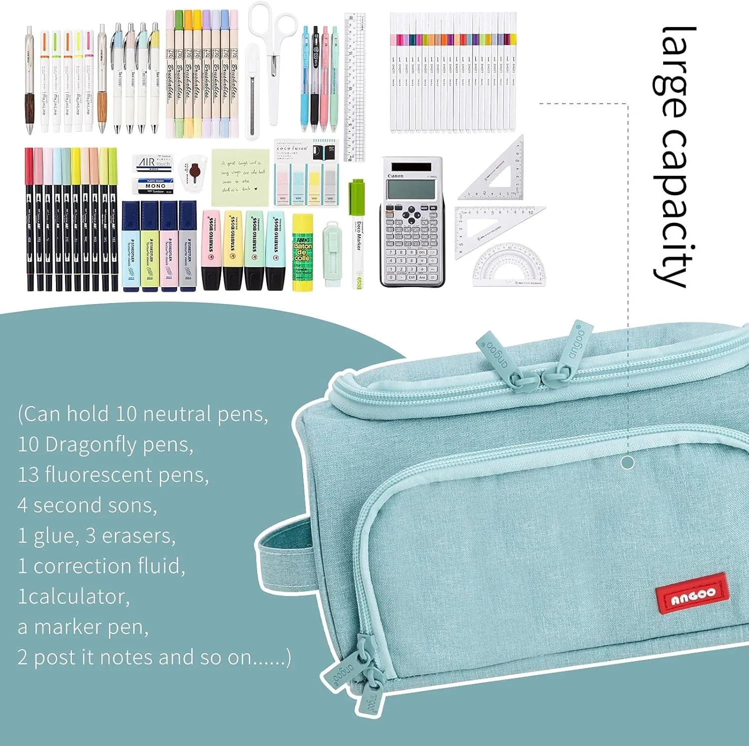 HVOMO Big Capacity Pencil Case High Large Storage Pouch Marker Pen Case Travel Simple Stationery Bag School College Office Organizer for Teens Girls Adults Student（Green）
