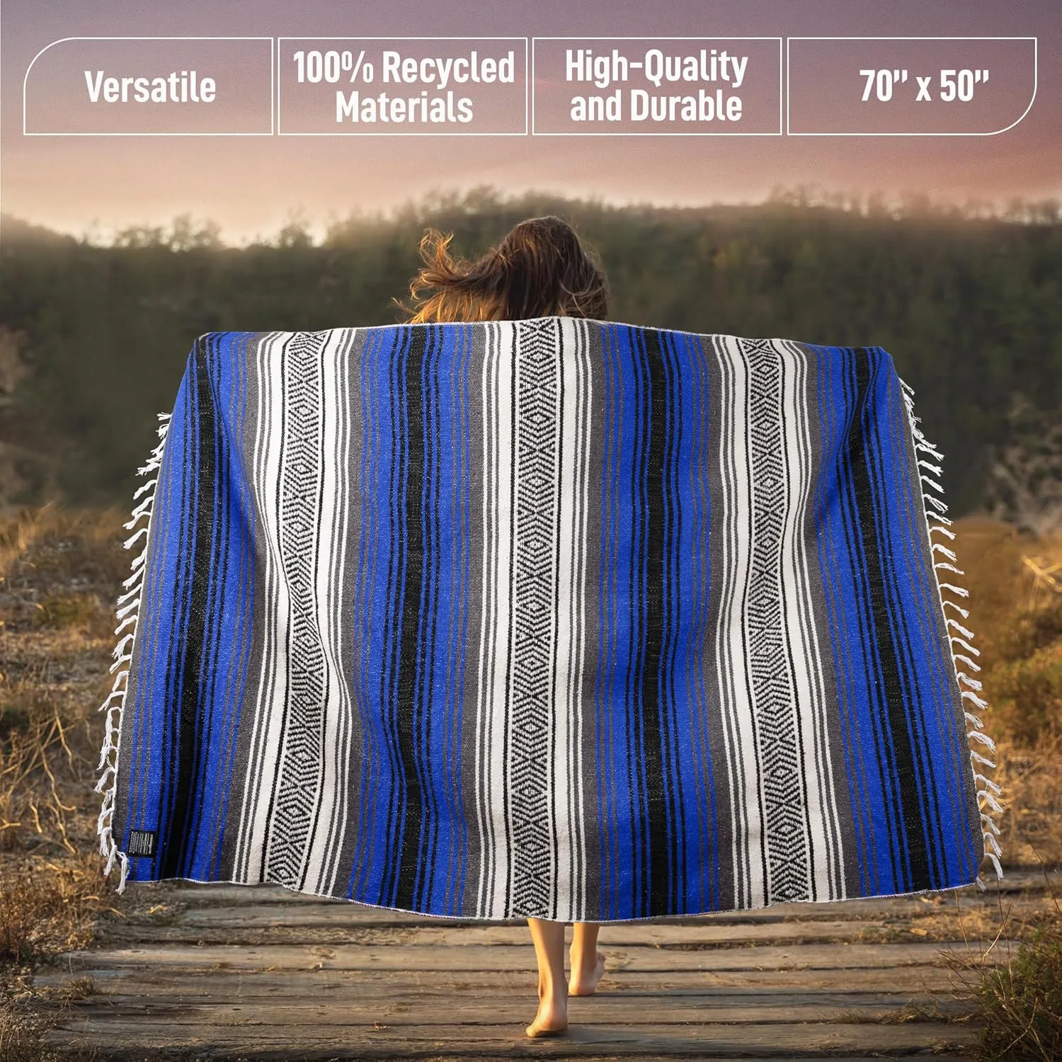 Hydration Nation Authentic Extra Large Mexican Blanket - 70"x50" Handwoven Yoga, Serape, Artisanal Falsa, Beach, Camping, Picnic, Outdoor Blanket - King Blue