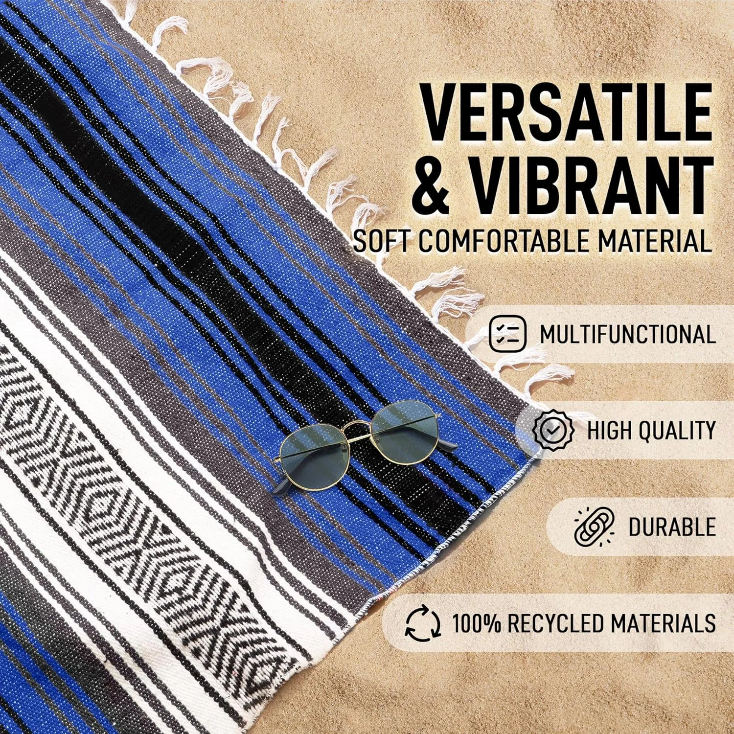 Hydration Nation Authentic Extra Large Mexican Blanket - 70"x50" Handwoven Yoga, Serape, Artisanal Falsa, Beach, Camping, Picnic, Outdoor Blanket - King Blue