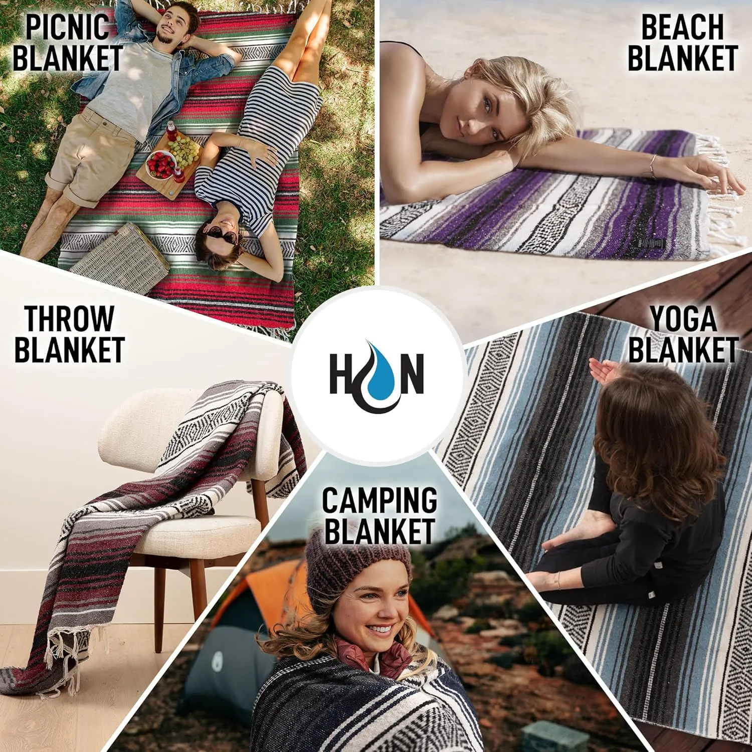 Hydration Nation Authentic Extra Large Mexican Blanket - 70"x50" Handwoven Yoga, Serape, Artisanal Falsa, Beach, Camping, Picnic, Outdoor Blanket - King Blue