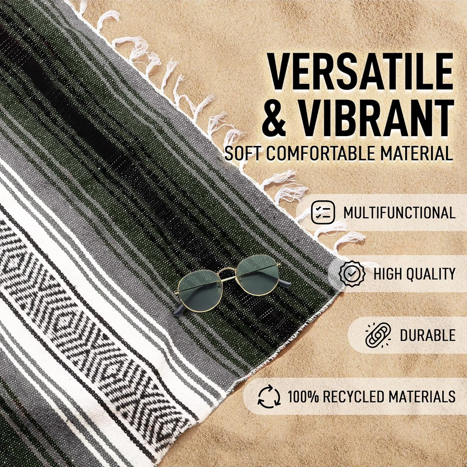 Hydration Nation Authentic Extra Large Mexican Blanket - 70"x50" Handwoven Yoga, Serape, Artisanal Falsa - Camping, Picnic, Outdoor (Military Green)