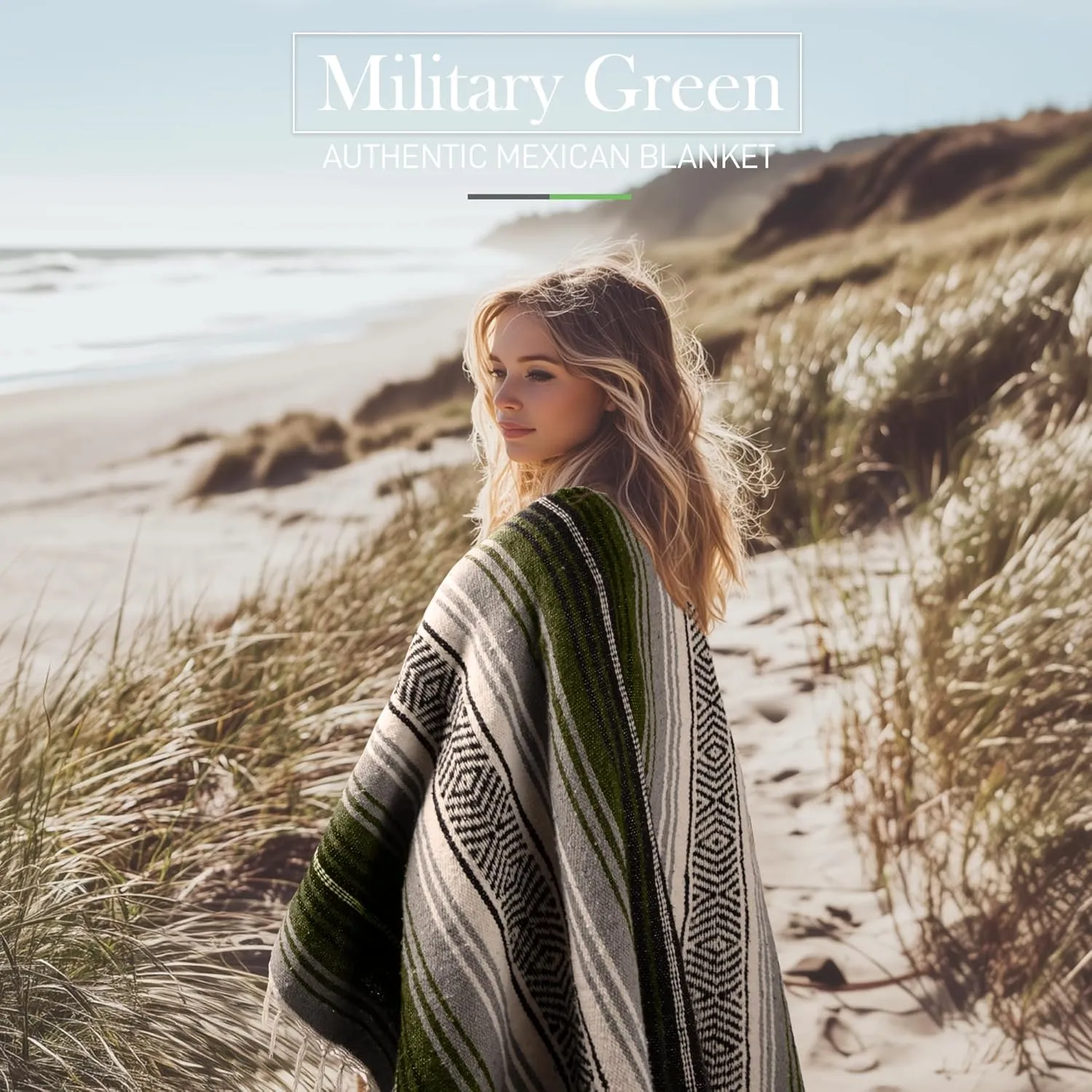 Hydration Nation Authentic Extra Large Mexican Blanket - 70"x50" Handwoven Yoga, Serape, Artisanal Falsa - Camping, Picnic, Outdoor (Military Green)