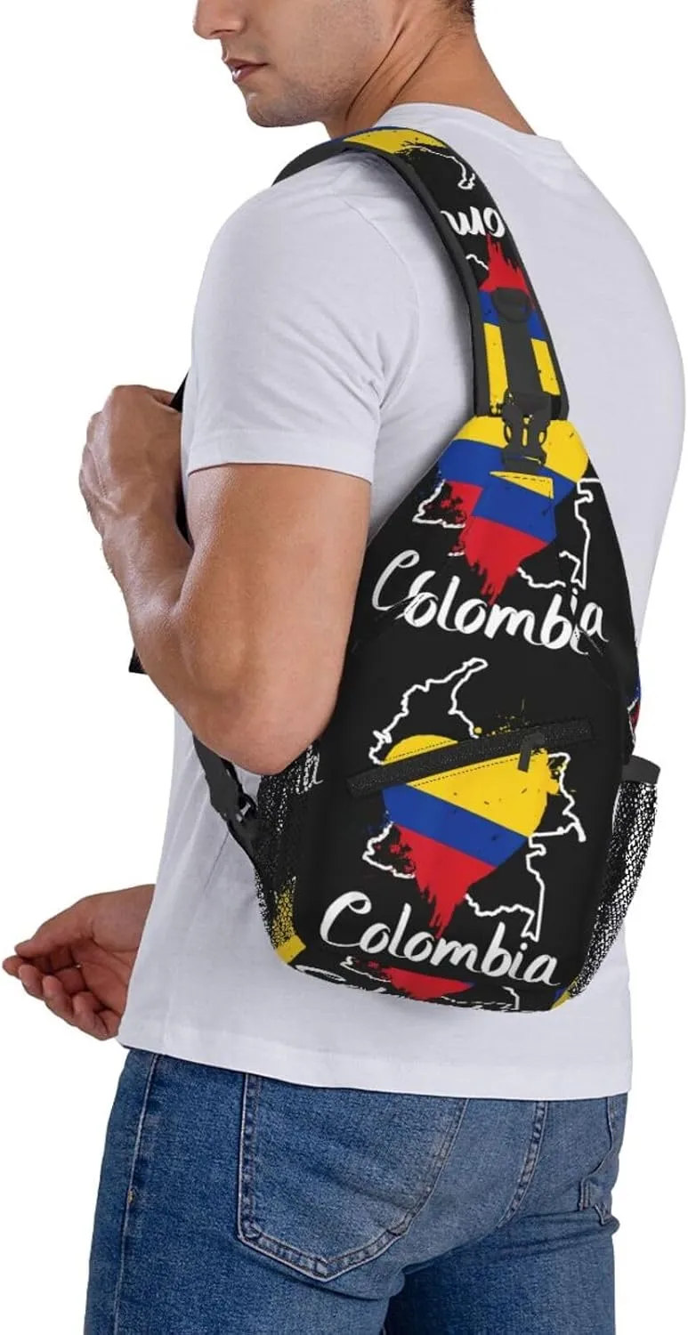 I Love Colombia Map Flag Colors Heart Crossbody Bag Cross Chest Bag Adjustable Sling Backpack Sports Gym Shoulder Bags Travel Cycling Daypack Diagonally Casual Rucksack