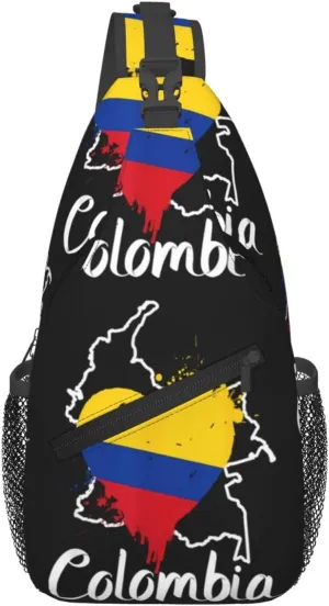 I Love Colombia Map Flag Colors Heart Crossbody Bag Cross Chest Bag Adjustable Sling Backpack Sports Gym Shoulder Bags Travel Cycling Daypack Diagonally Casual Rucksack