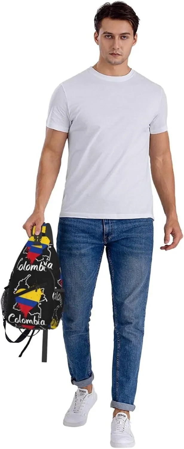 I Love Colombia Map Flag Colors Heart Crossbody Bag Cross Chest Bag Adjustable Sling Backpack Sports Gym Shoulder Bags Travel Cycling Daypack Diagonally Casual Rucksack