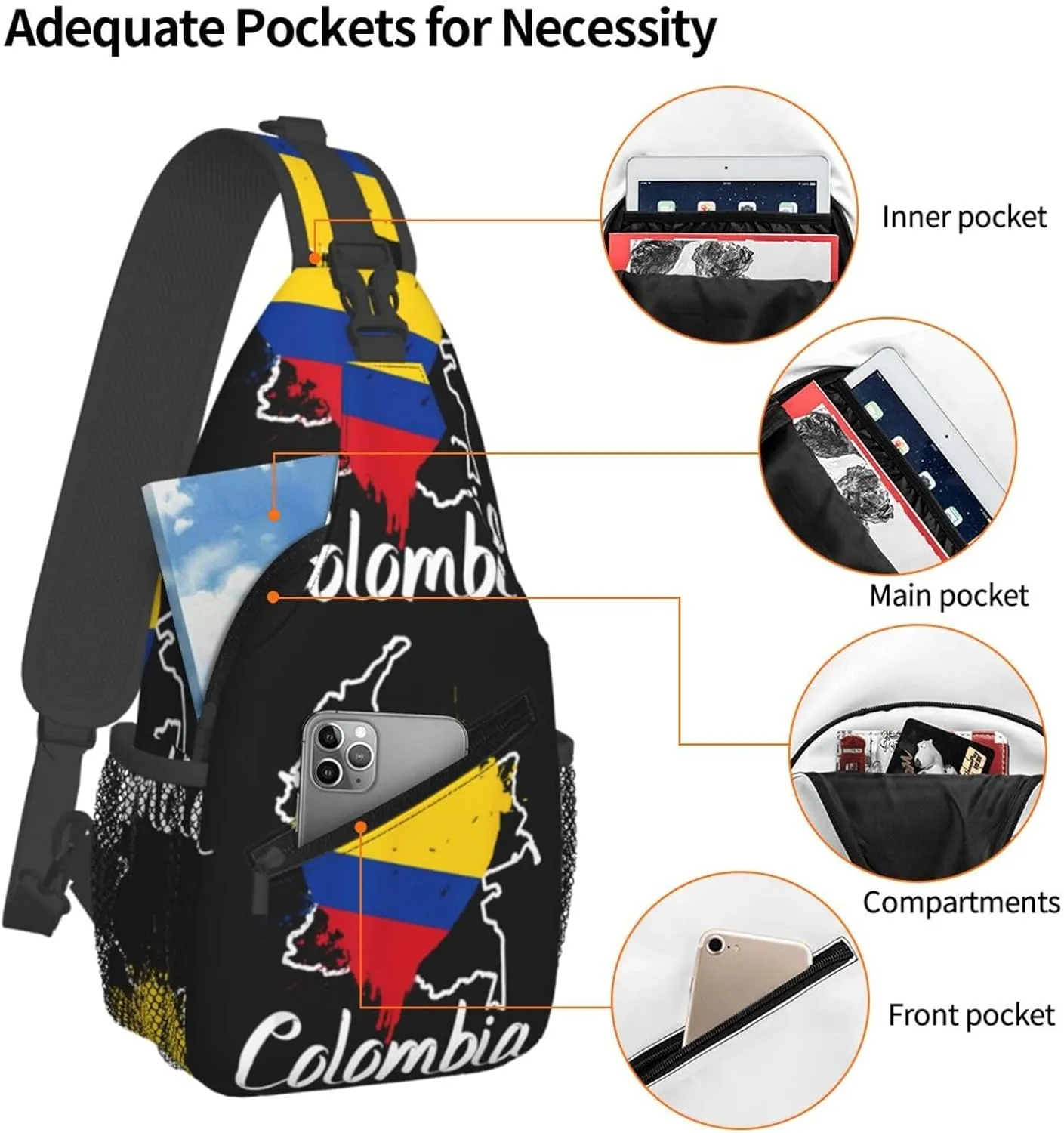 I Love Colombia Map Flag Colors Heart Crossbody Bag Cross Chest Bag Adjustable Sling Backpack Sports Gym Shoulder Bags Travel Cycling Daypack Diagonally Casual Rucksack