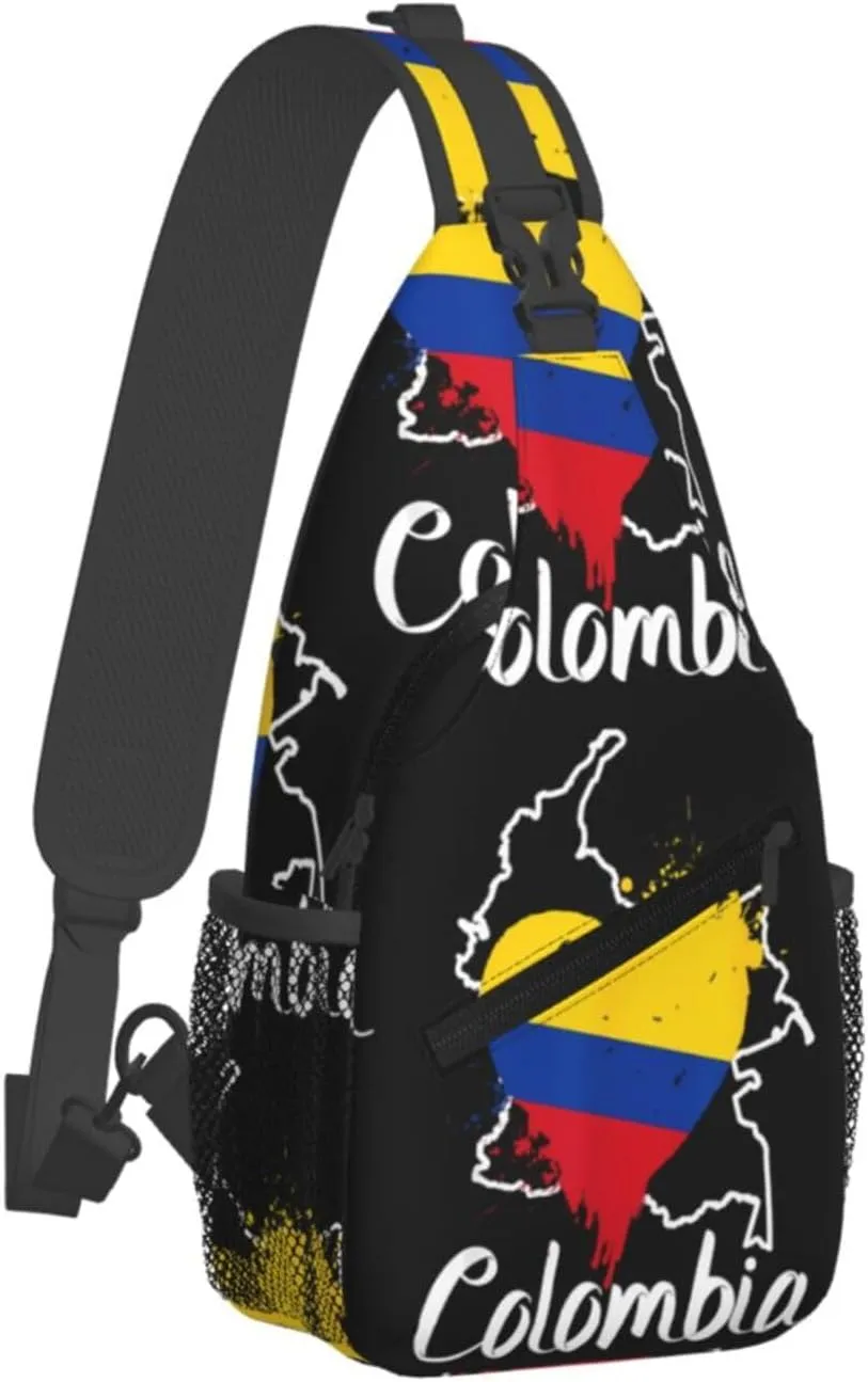 I Love Colombia Map Flag Colors Heart Crossbody Bag Cross Chest Bag Adjustable Sling Backpack Sports Gym Shoulder Bags Travel Cycling Daypack Diagonally Casual Rucksack
