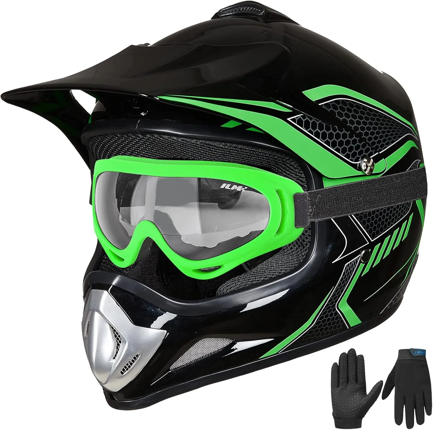 ILM Youth Kids Dirt Bike Helmet ATV Motocross DOT Off-Road Street Helmet Goggles Gloves Full Face Protective Helmet Model BLD-818