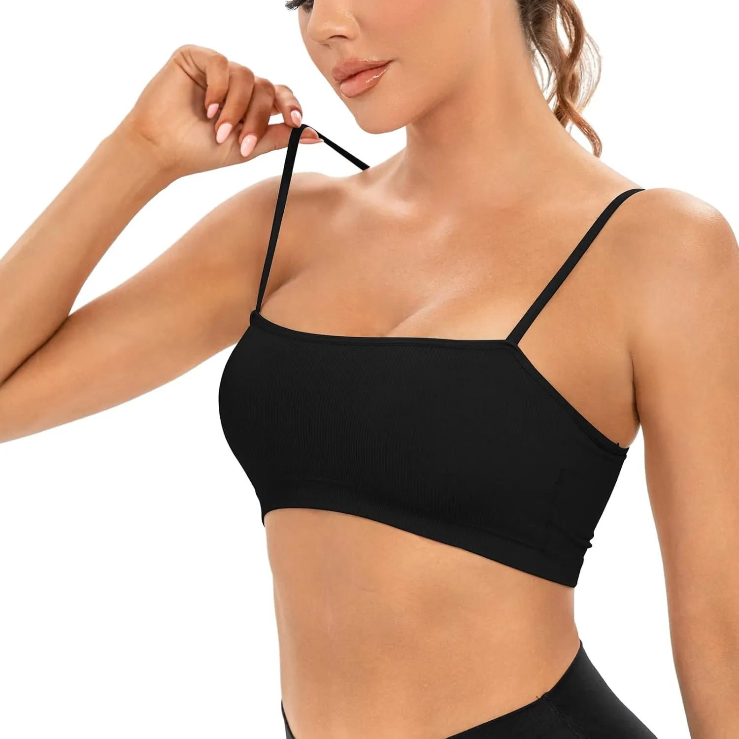 INIBUD Sports Bras for Women Bandeau Padded Ribbed Bralette Adjustable Strap Workout Square Neck Seamless Crop Top Backless