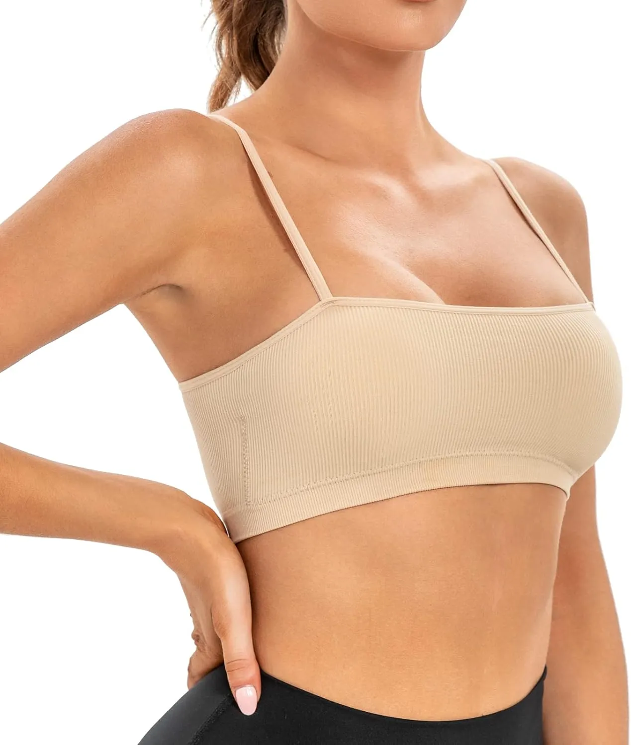 INIBUD Sports Bras for Women Bandeau Padded Ribbed Bralette Adjustable Strap Workout Square Neck Seamless Crop Top Backless