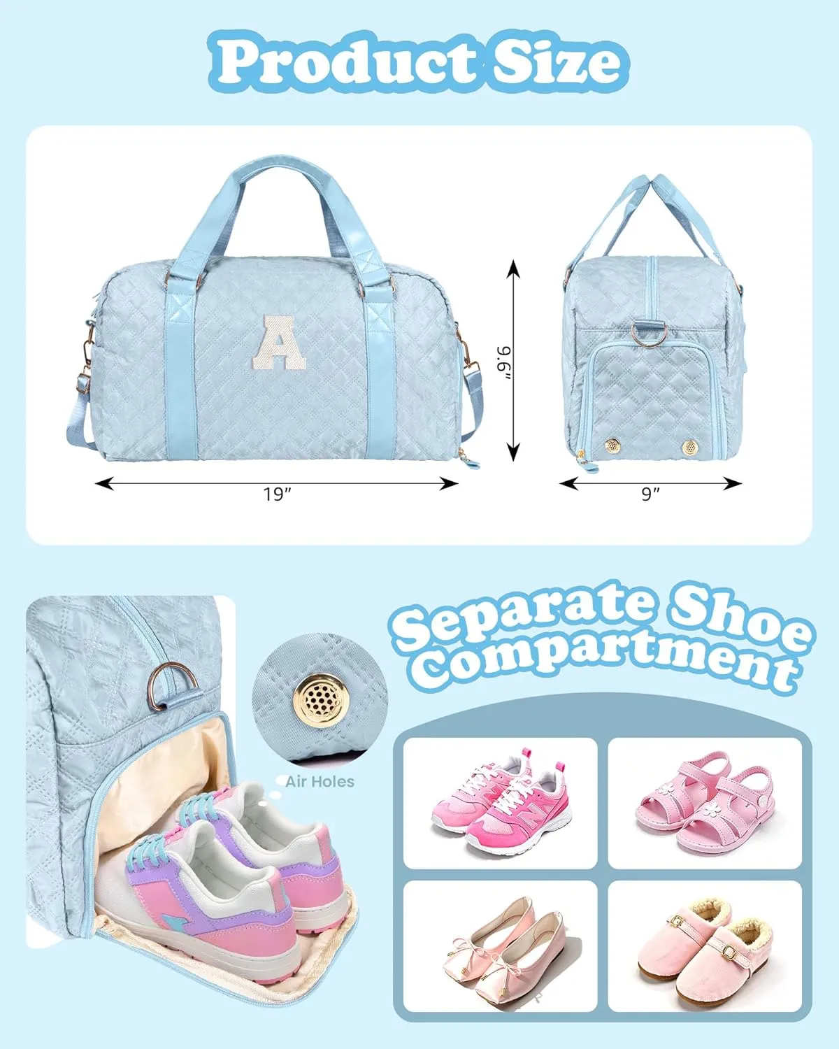 Initial Gym Bag for Kids Girls, Travel Duffel Bag, Teacher Appreciation Gifts Ideas, Mother's Day Gift Ideas