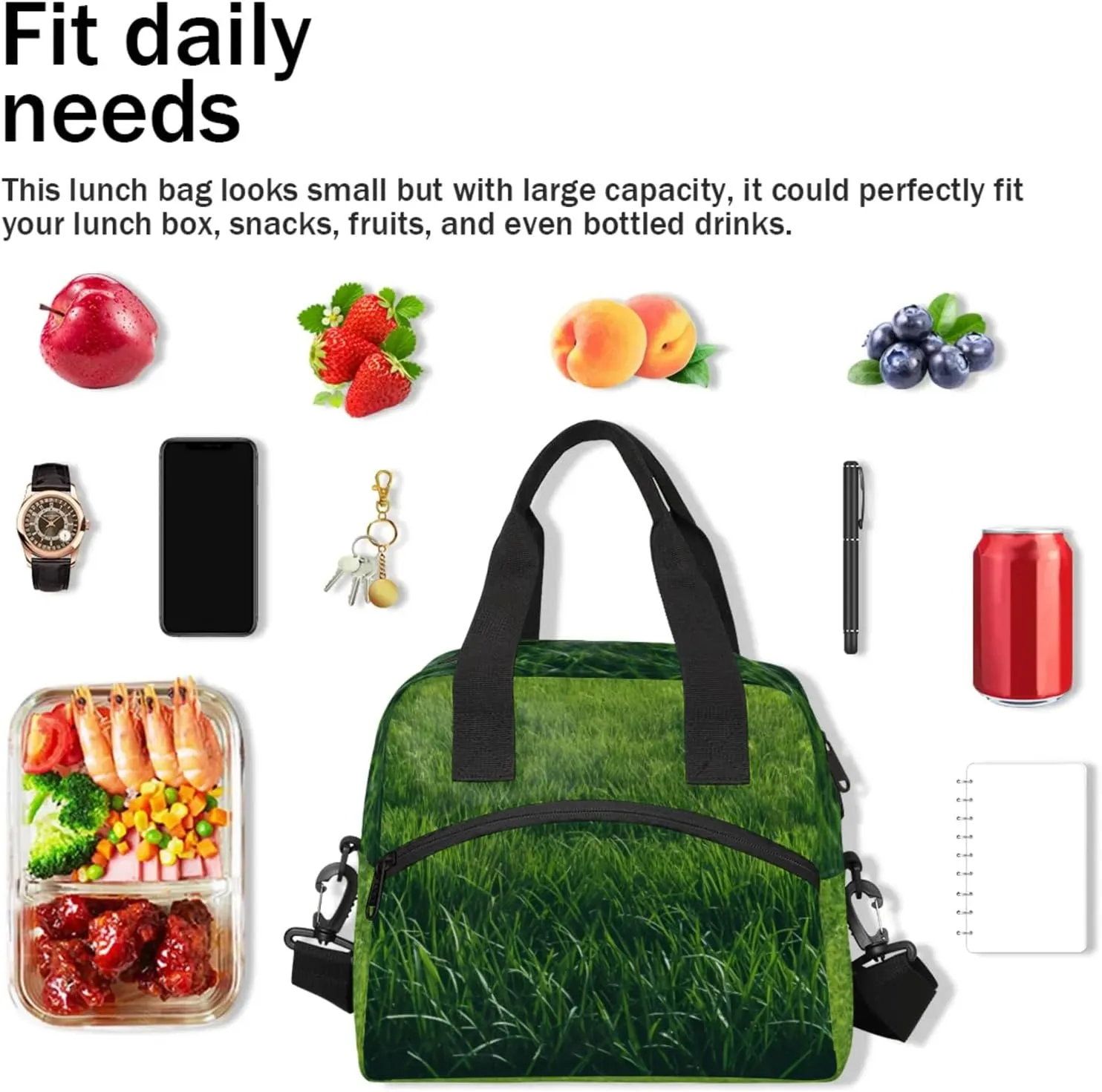 Insulated Lunch Bag for Women Men Reusable Lawn Lunch Box Cooler Tote Bag One Shoulder Portable Meal Bag Adult Lunchbox for Work Picnic, Green Plants