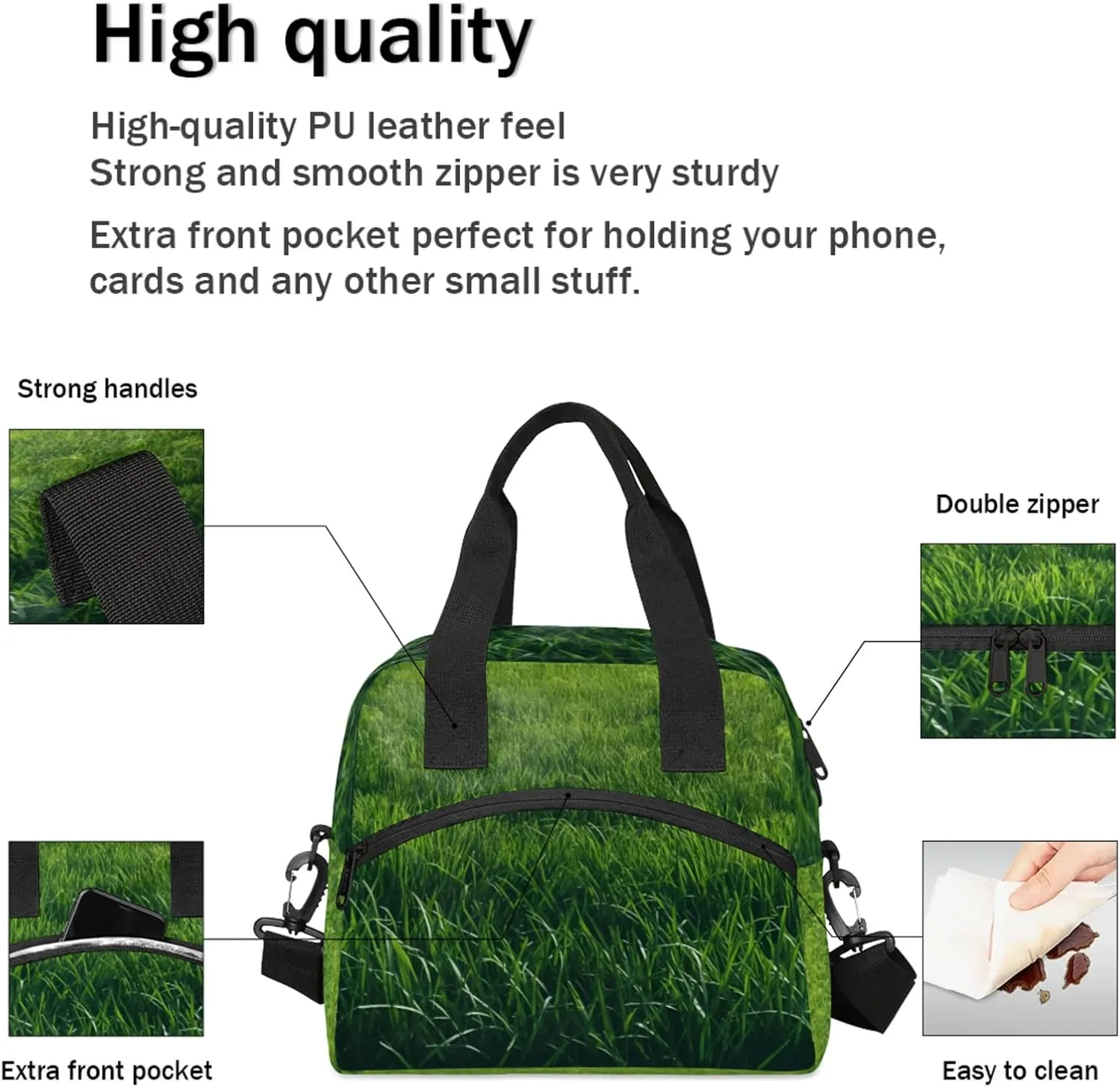 Insulated Lunch Bag for Women Men Reusable Lawn Lunch Box Cooler Tote Bag One Shoulder Portable Meal Bag Adult Lunchbox for Work Picnic, Green Plants