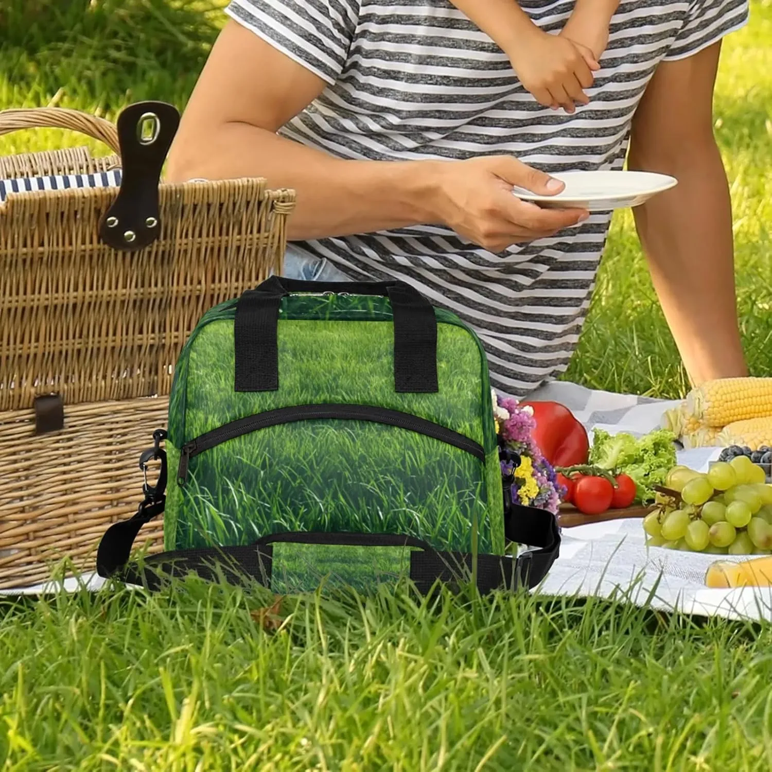 Insulated Lunch Bag for Women Men Reusable Lawn Lunch Box Cooler Tote Bag One Shoulder Portable Meal Bag Adult Lunchbox for Work Picnic, Green Plants