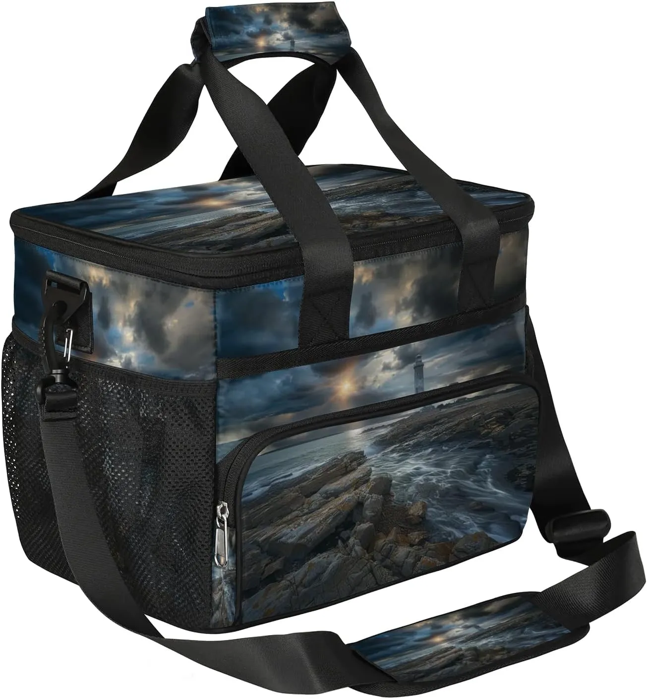 Insulated Lunch Bag for Women Men Seashore Lighthouse Reusable Lunch Box for Office Picnic Hiking Beach - Leakproof 24 Cans Cooler Bag Organizer with Adjustable Shoulder Strap for Adults