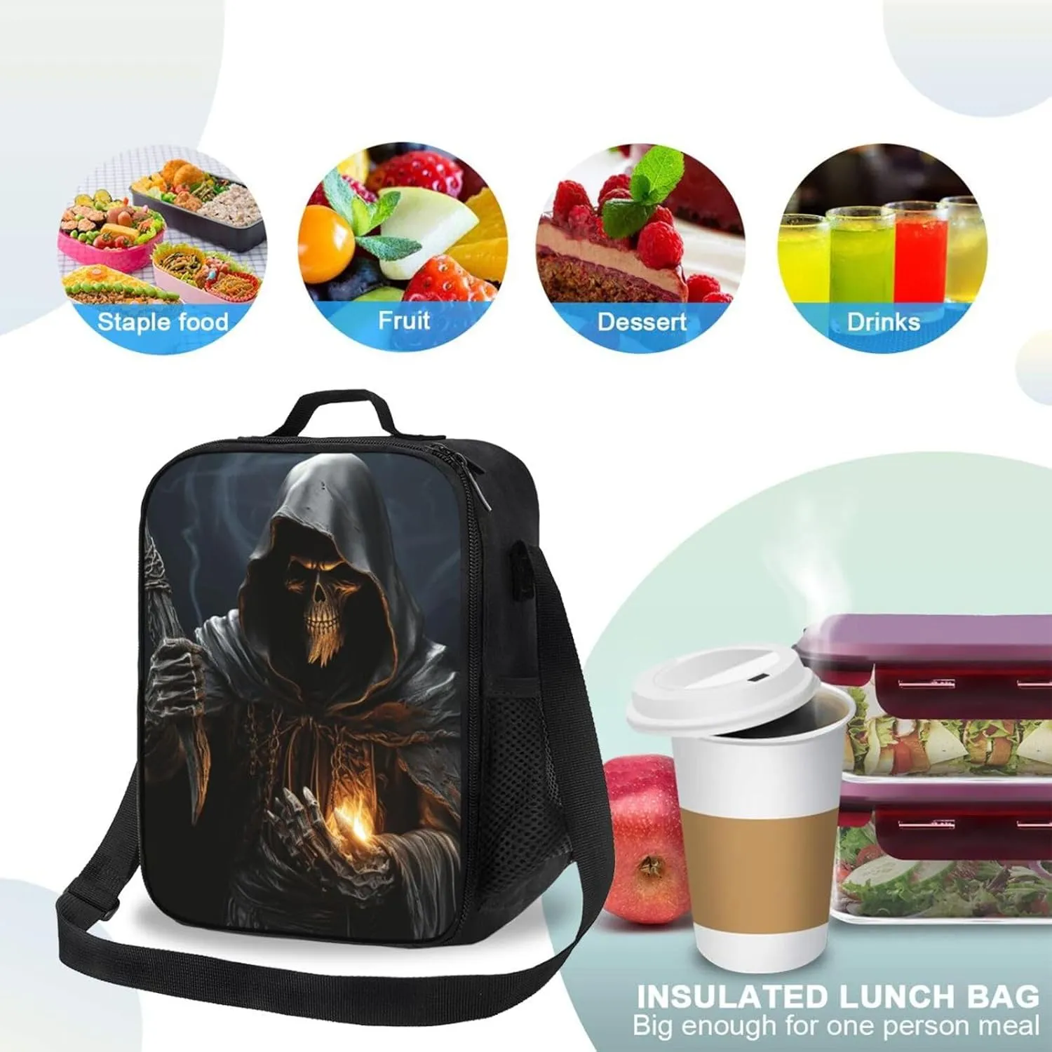 Insulated Lunchbox Reusable Cooler Bag Grim-Reaper Lunch Bag Portable Lunch Tote Bag for Work Picnic