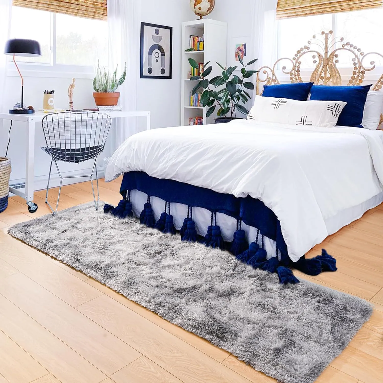 ISEAU Runner Rug for Bedroom, 2x6 Feet Shag Area Rug with Upgrade Non Slip, Light Grey Fluffy Carpet Runner for Hallway, Fuzzy Soft Living Room Rugs for Kids Boys Bedroom Decor