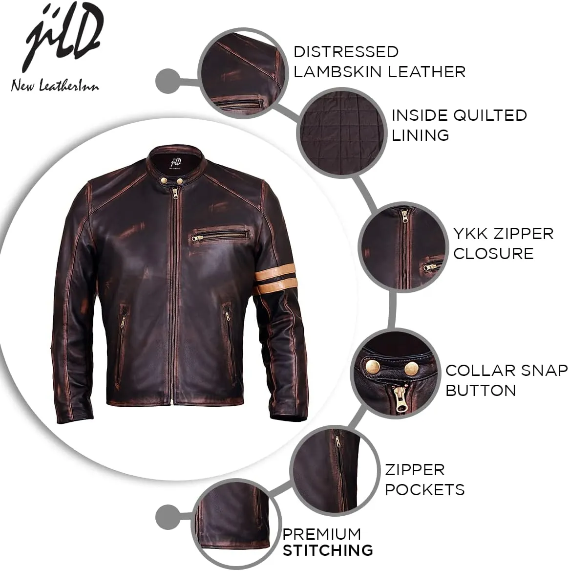 Jild Distressed Café Racer Black Leather Jacket Men - Genuine Lambskin Leather Biker Style Mens Vintage Motorcycle Jacket