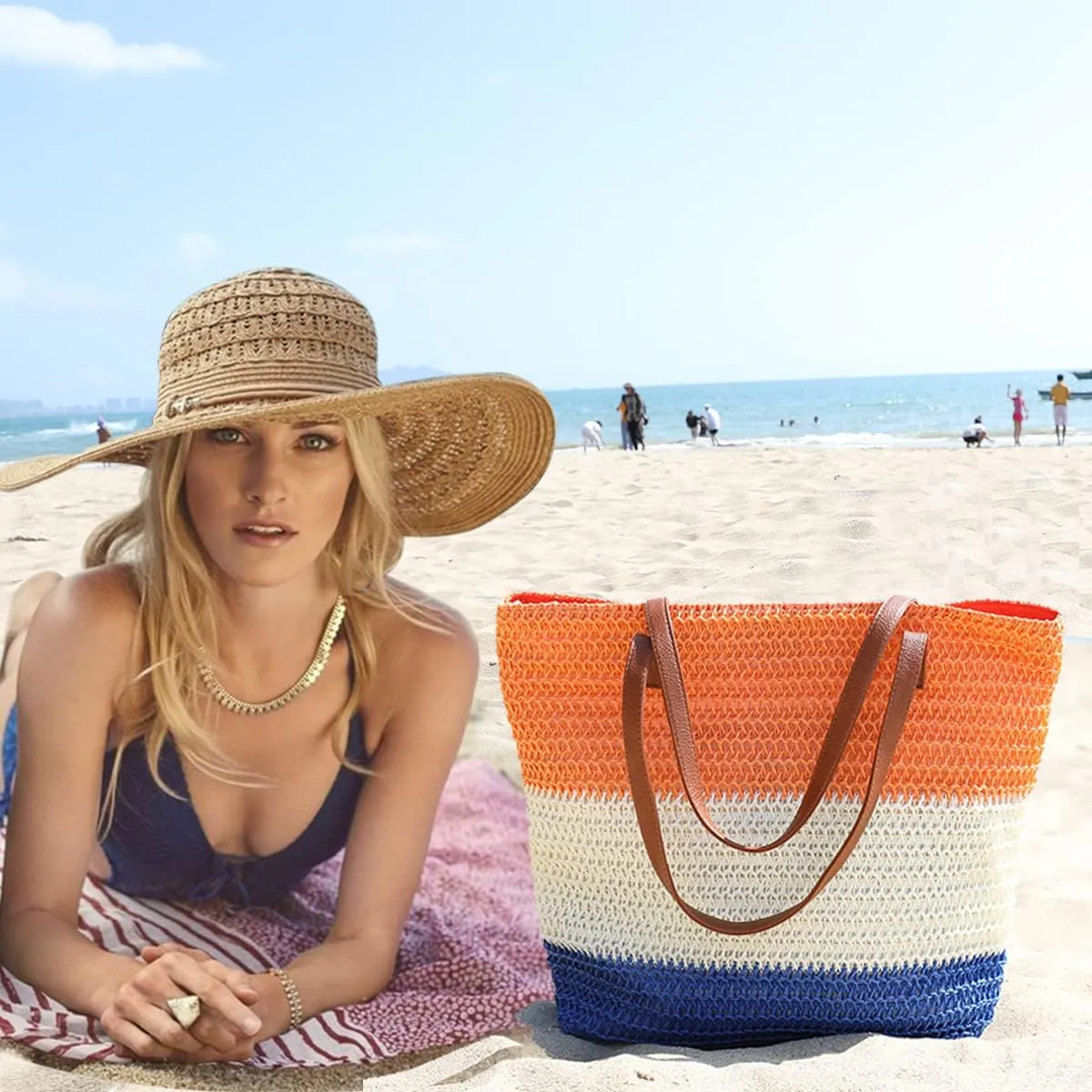JNF Large Colorful Beach Bags for Women Straw Beach Tote bag Rattan Woven Crochet Beach Bags Boho Beach Towels Bag Set