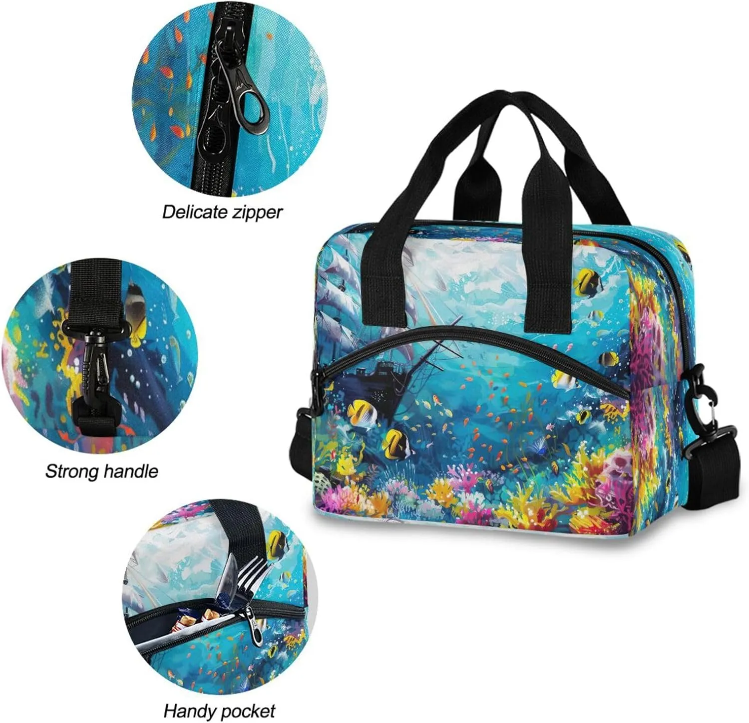 Joisal Underwater Scene with Fish Reusable Lunchbox Women Cooler Tote Bag with Adjustable Shoulder Strap