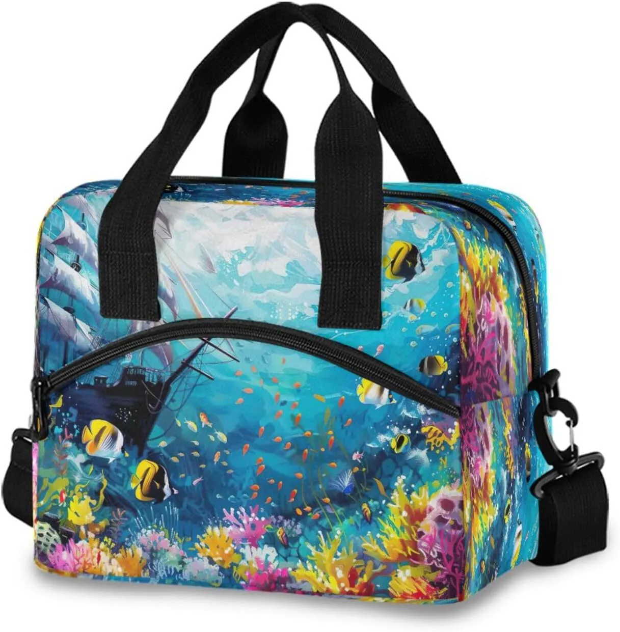 Joisal Underwater Scene with Fish Reusable Lunchbox Women Cooler Tote Bag with Adjustable Shoulder Strap