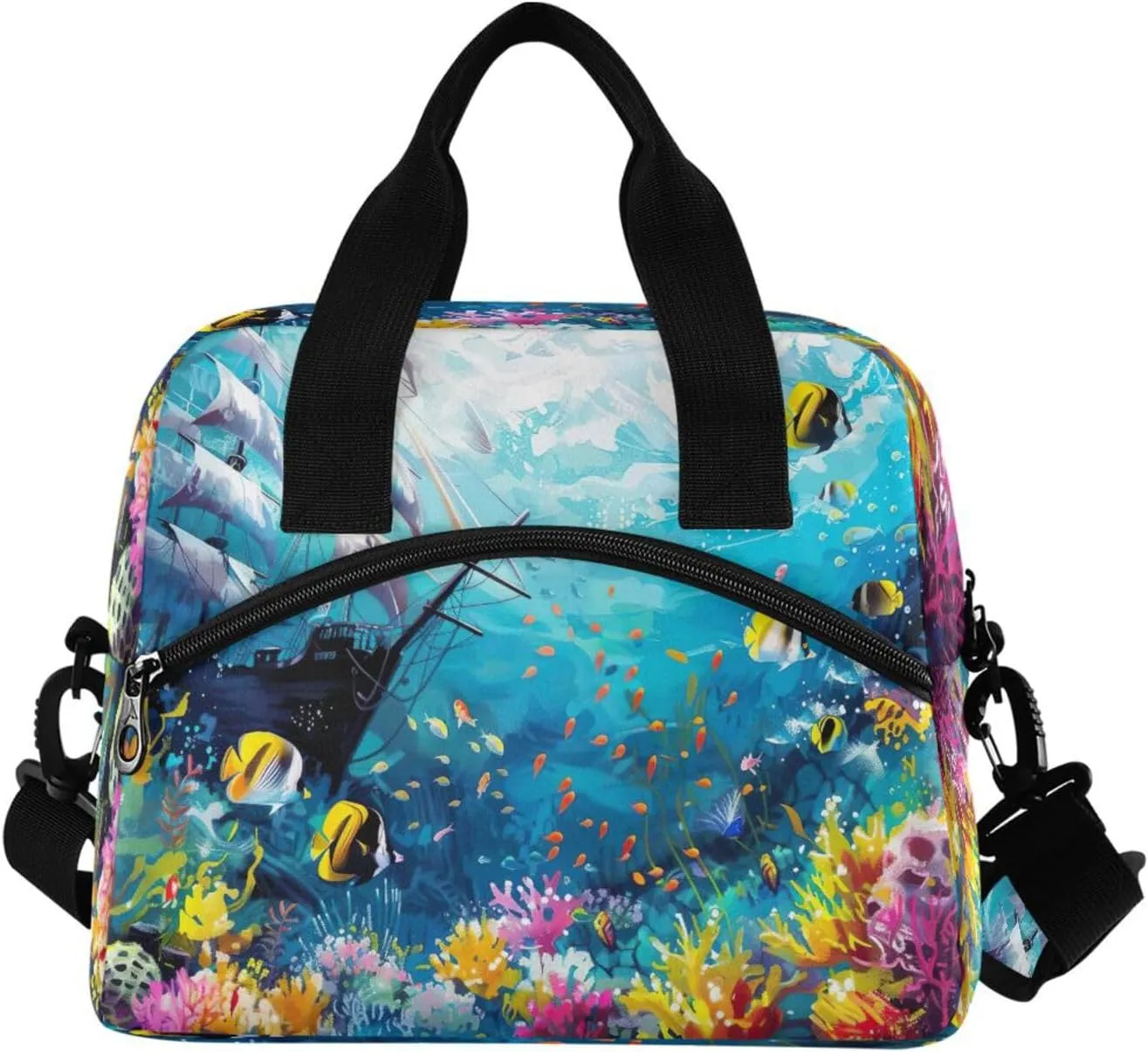 Joisal Underwater Scene with Fish Reusable Lunchbox Women Cooler Tote Bag with Adjustable Shoulder Strap