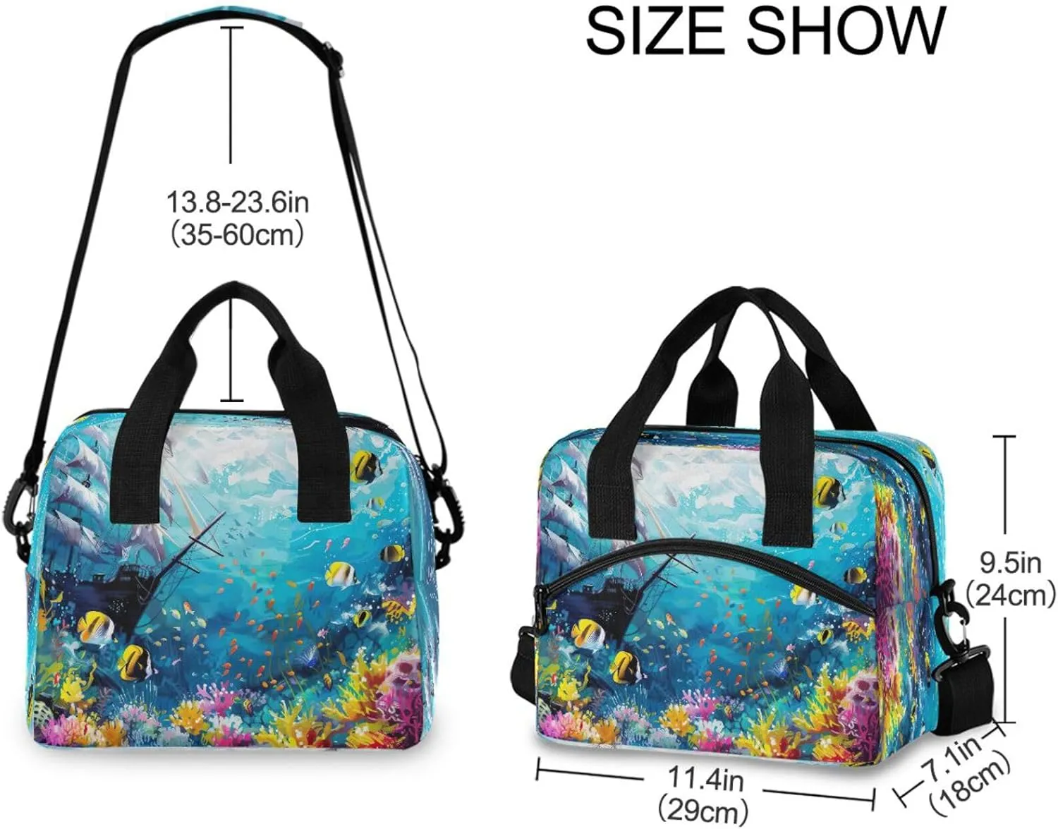 Joisal Underwater Scene with Fish Reusable Lunchbox Women Cooler Tote Bag with Adjustable Shoulder Strap