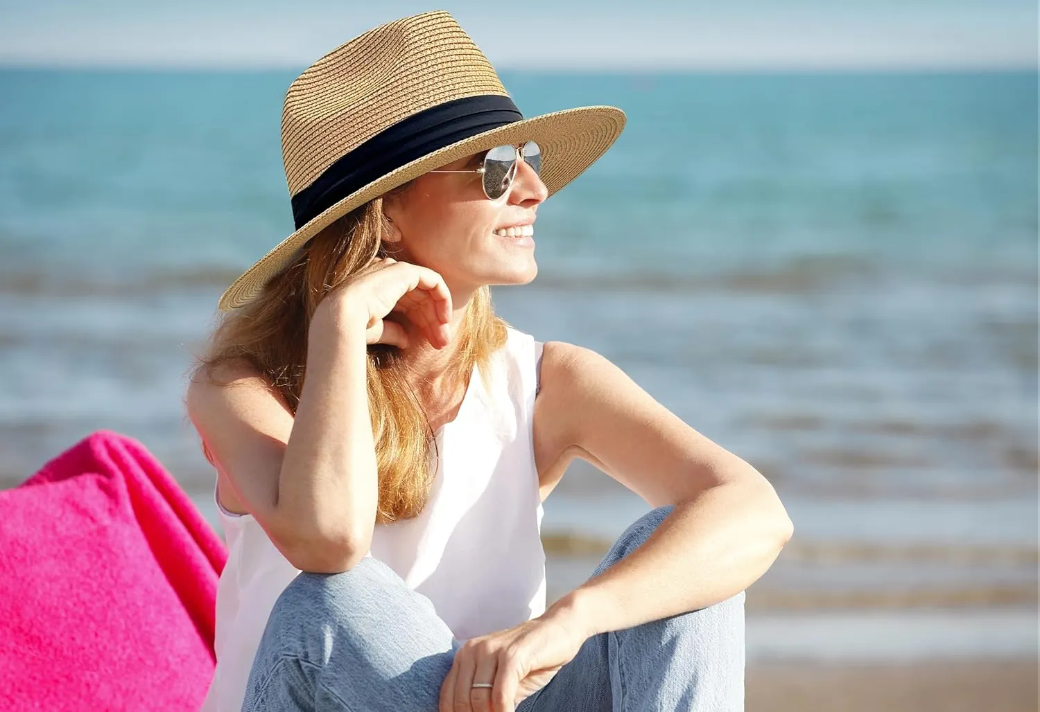 JOYEBUY Womens UPF50 Foldable Summer Straw Hat Wide Brim Fedora Sun Beach hat