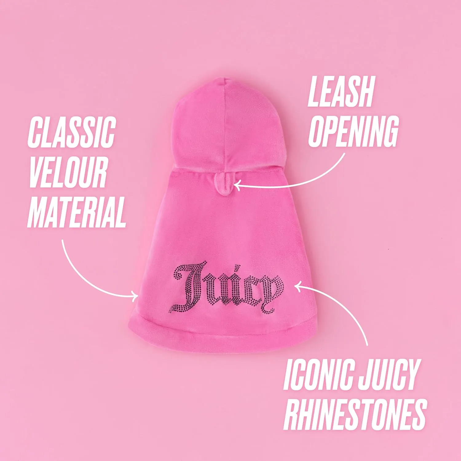 Juicy Couture Bling Velour Pet Hoodie - Hot Pink - XS/S (2-7 lbs.) - Pet Hoodies for Small Dogs or Cats