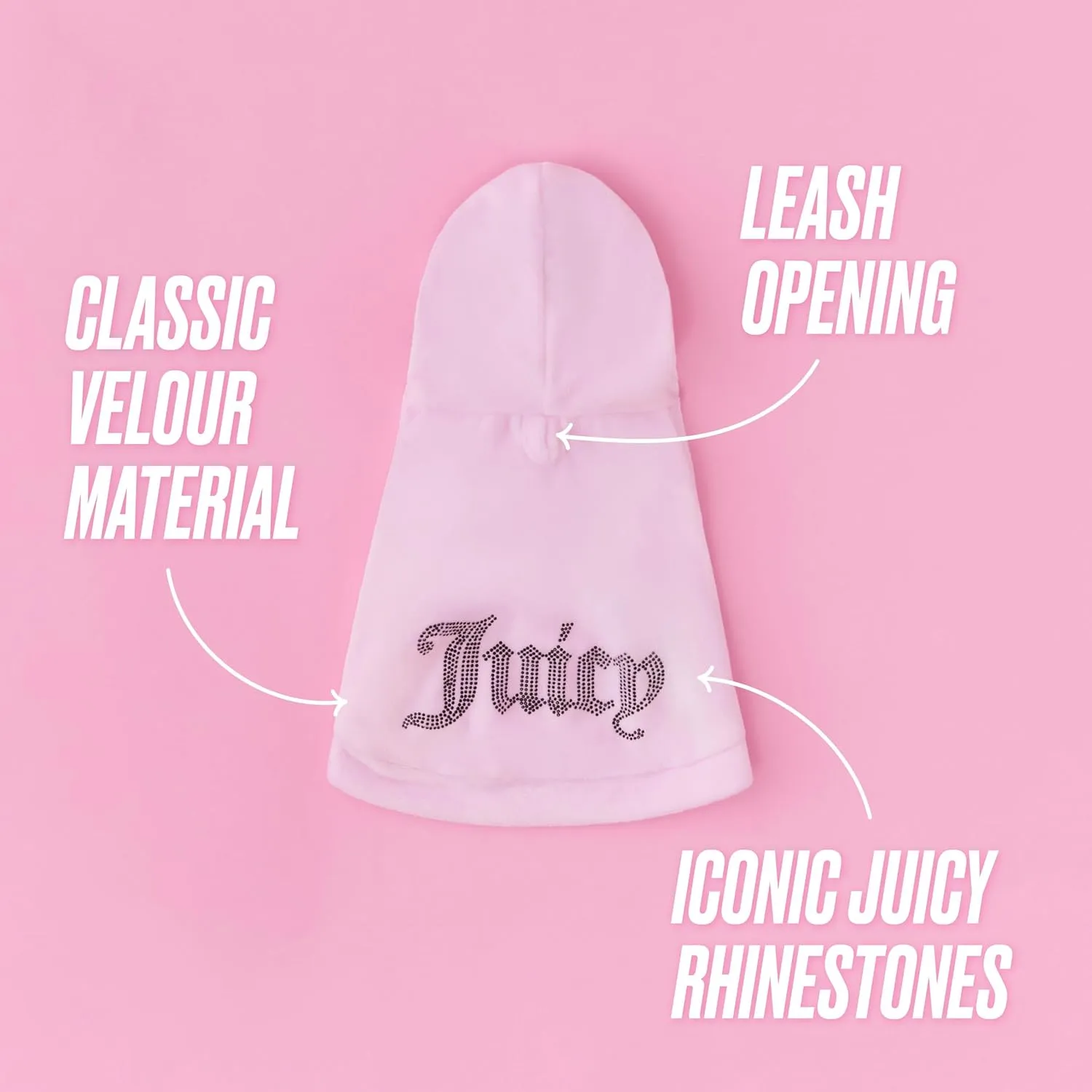 Juicy Couture Bling Velour Pet Hoodie - Pink - XS/S (2-7 lbs.) - Pet Hoodies for Small Dogs or Cats