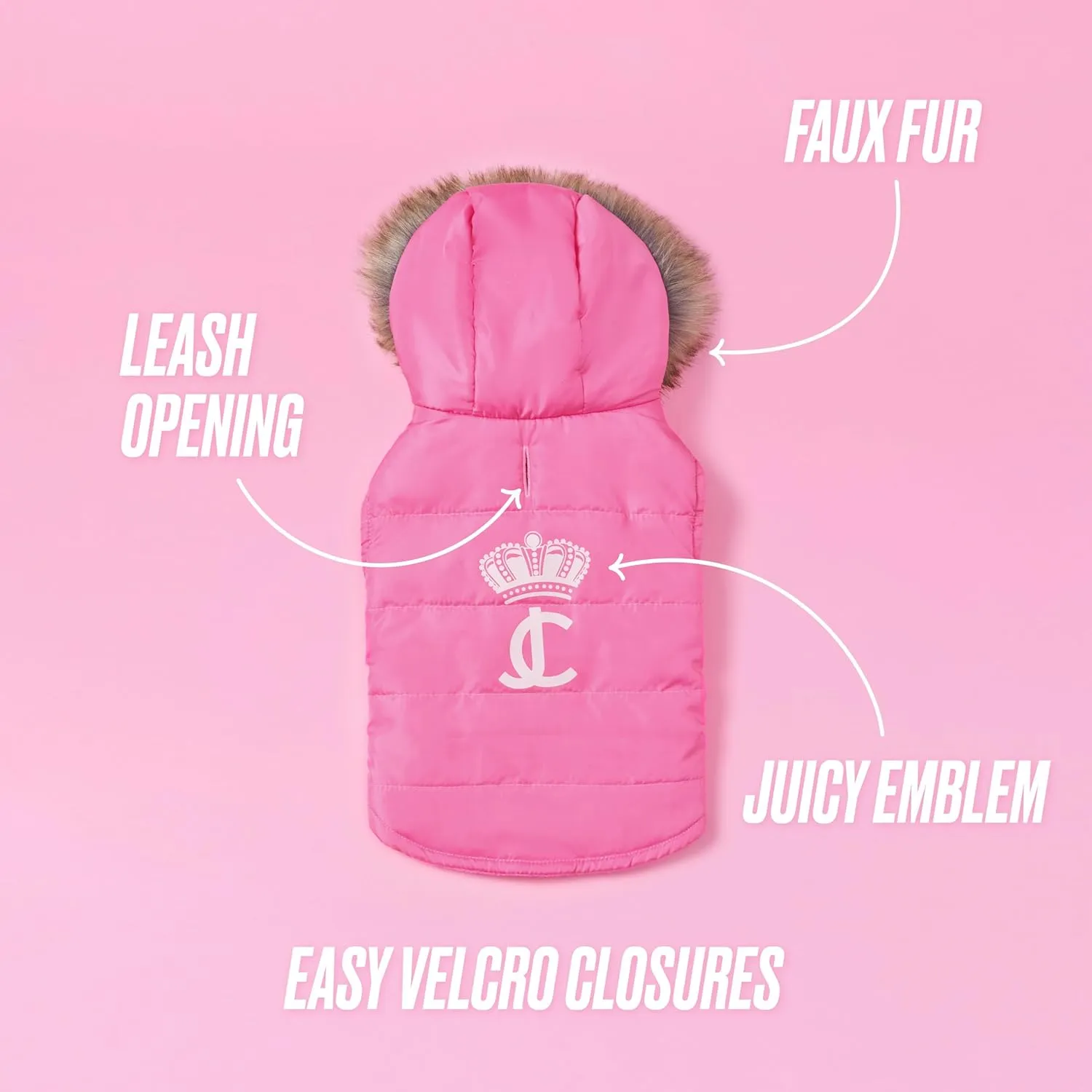 Juicy Couture Faux Fur Hooded Pet Jacket for Dogs and Cats - Hot Pink - Medium/Large