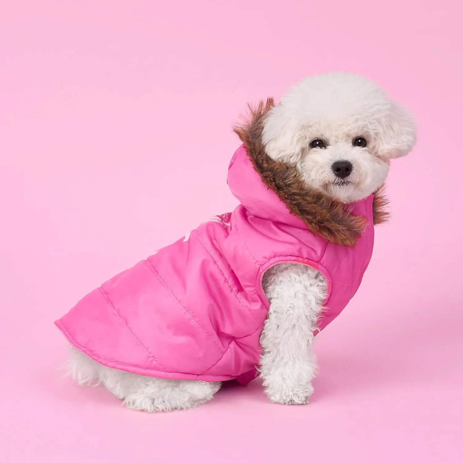 Juicy Couture Faux Fur Hooded Pet Jacket for Dogs and Cats - Hot Pink - Medium/Large