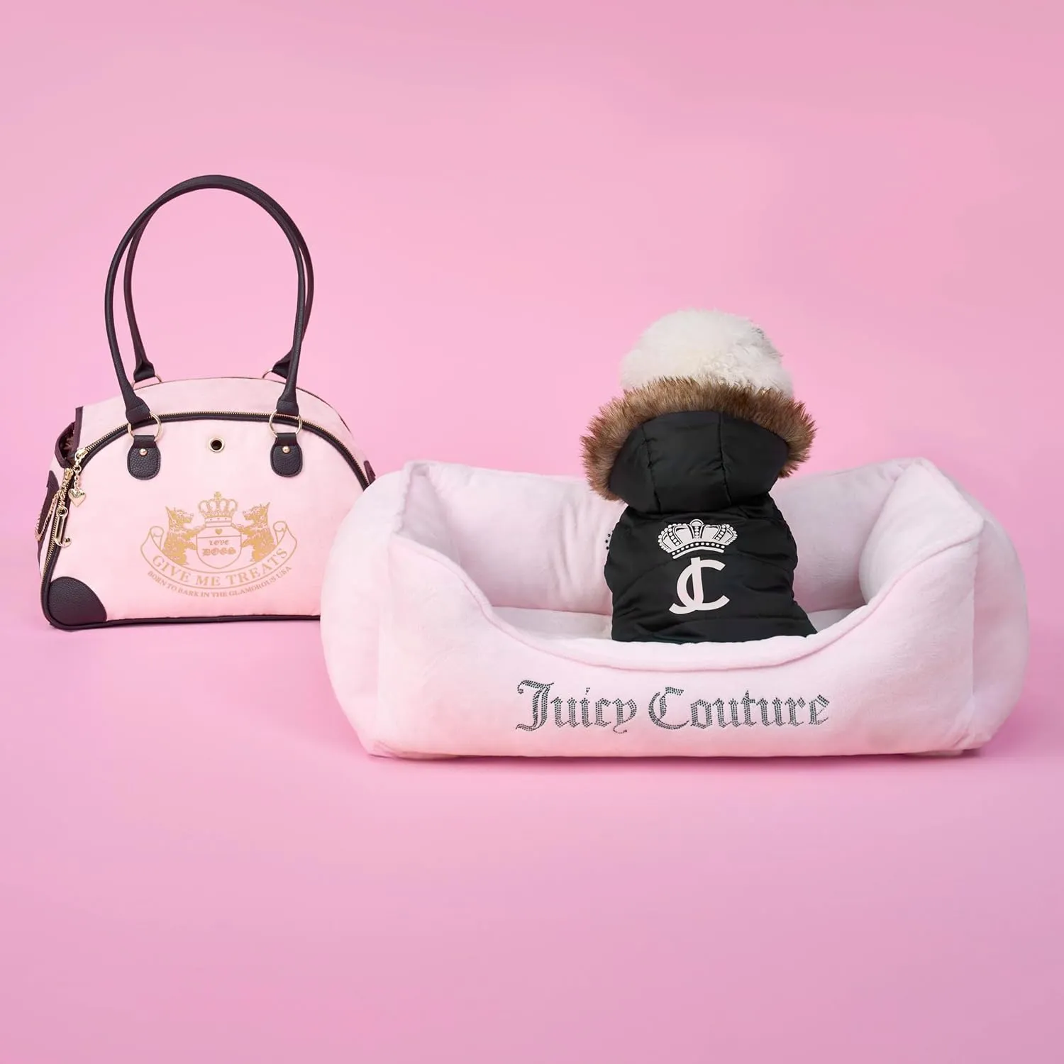 Juicy Couture Faux Fur Hooded Pet Jacket for Dogs and Cats - Hot Pink - Medium/Large