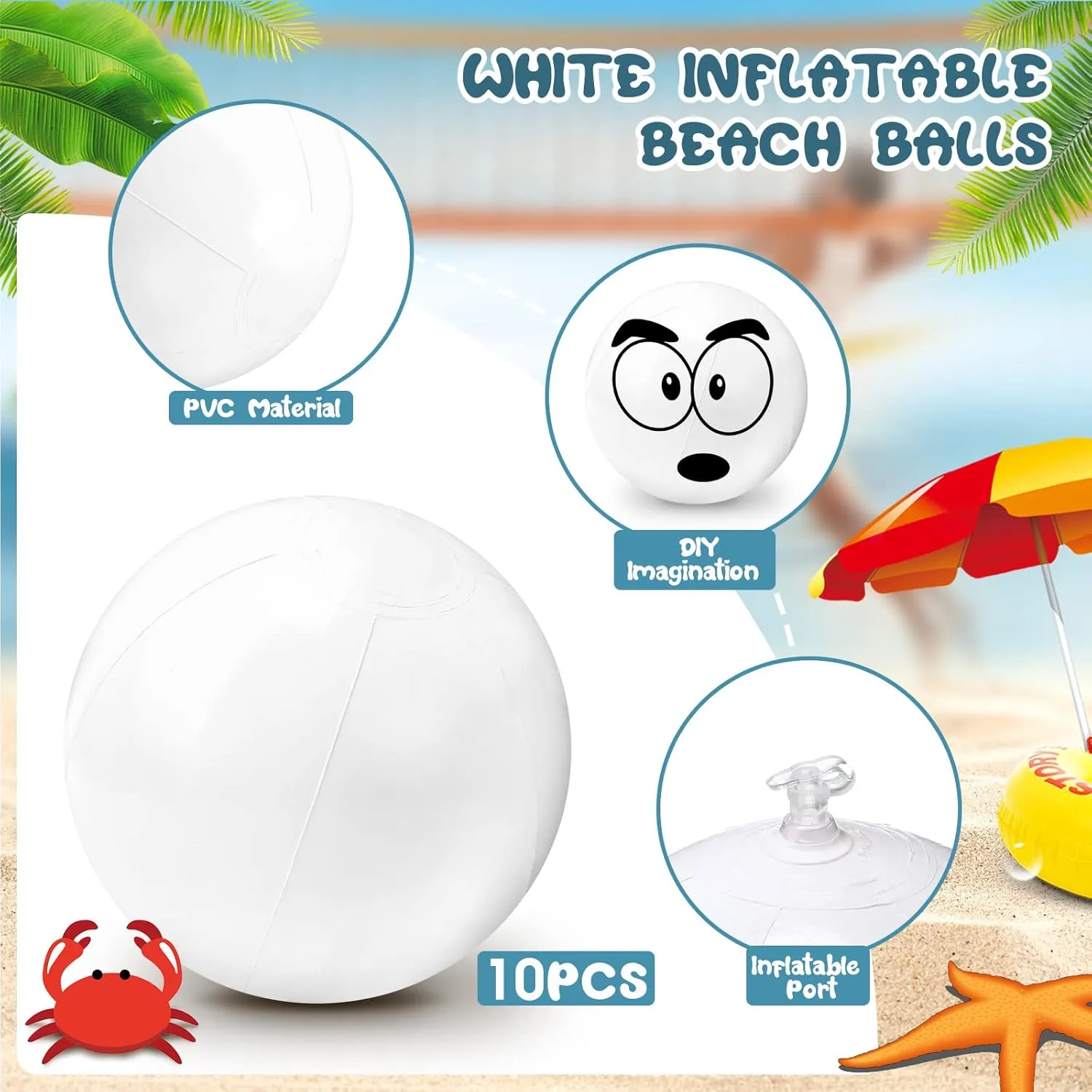 Junkin 10 Pieces Solid White Beach Balls Bulk Big Inflatable Beach Ball Giant Swimming Pool Balls Beach Game Toy for Summer Beach, Pool and Party Favor