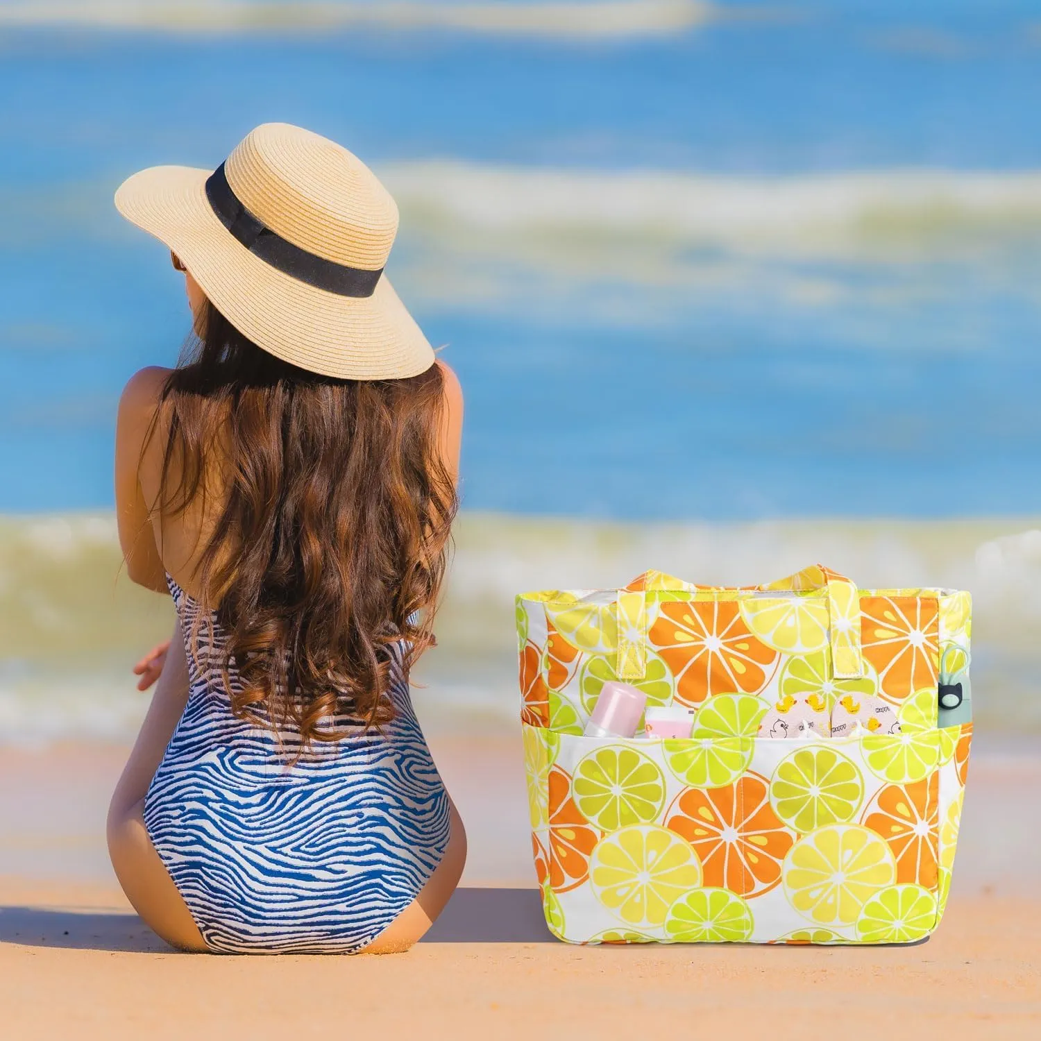 KABAQOO Extra Large Beach Bag Waterproof Sandproof Women Beach Tote with Zipper & Wet Compartment for Pool Gym Grocery Travel