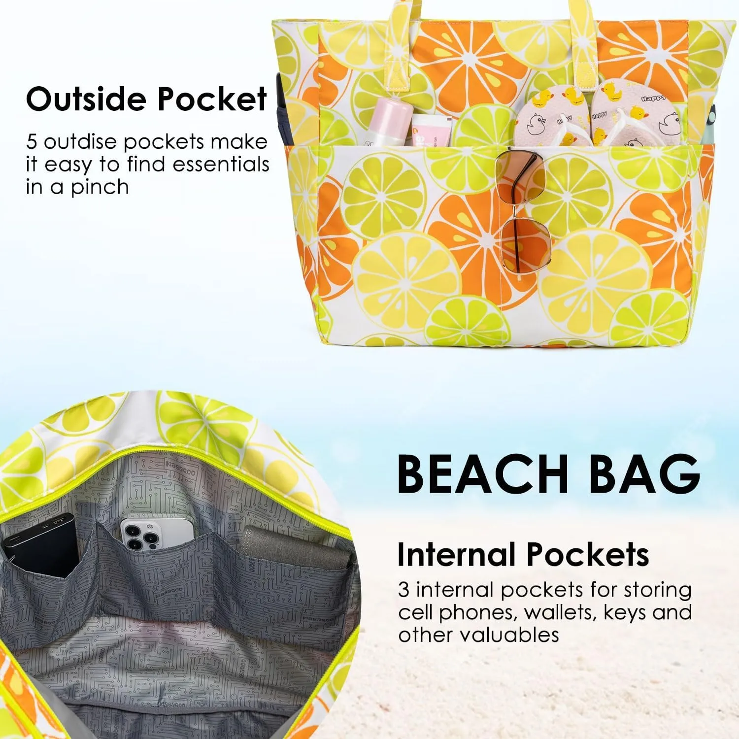 KABAQOO Extra Large Beach Bag Waterproof Sandproof Women Beach Tote with Zipper & Wet Compartment for Pool Gym Grocery Travel