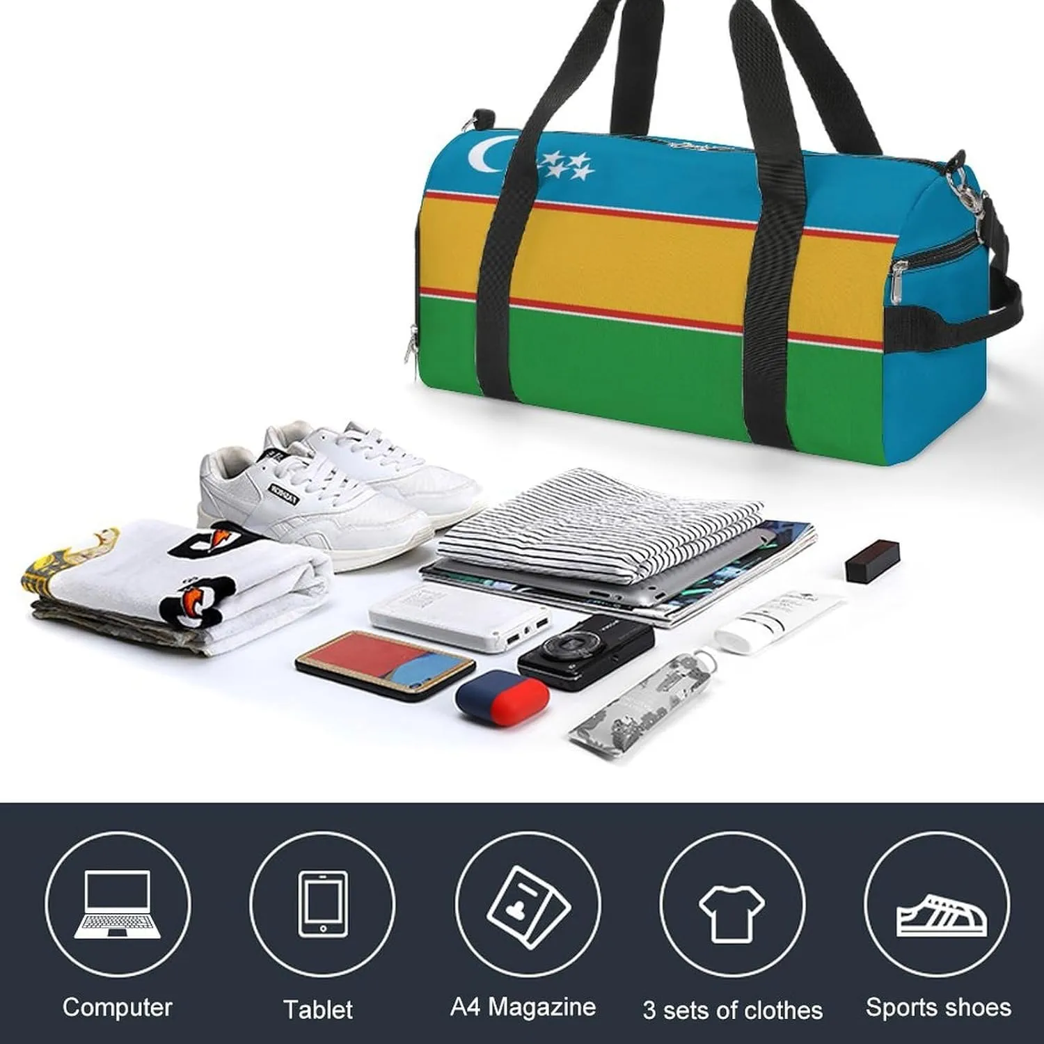 Karakalpakstan Flag Gym Bag with Shoe Compartment and Wet Pocket Travel Duffel for Sports