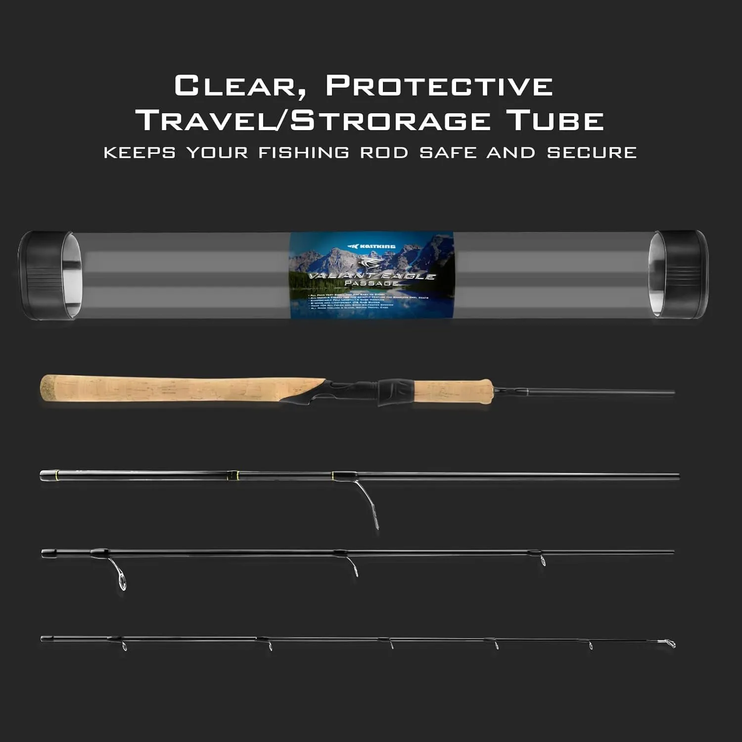 KastKing Valiant Eagle Passage Travel Fishing Rods, 4 & 6 Pc Pack Rods, Spinning, Casting and Fly Models, IM6 Graphite Blank, Ti Oxide LTS Ring Guides, Beautiful Cork Handles