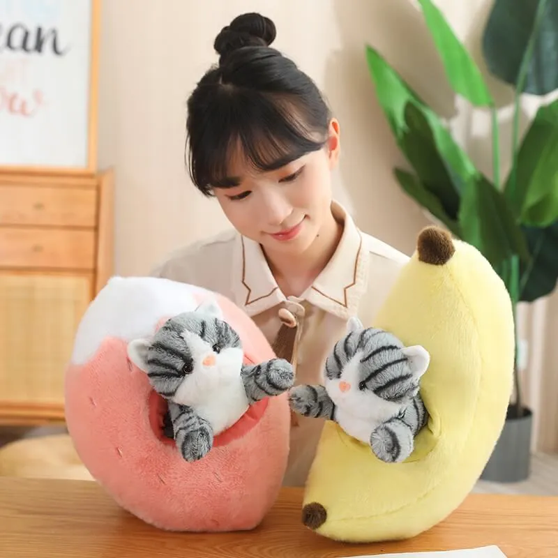 Kawaii Cat in Fruit Plush Toy-Quirky Fruit & Pet Fusion for Decor