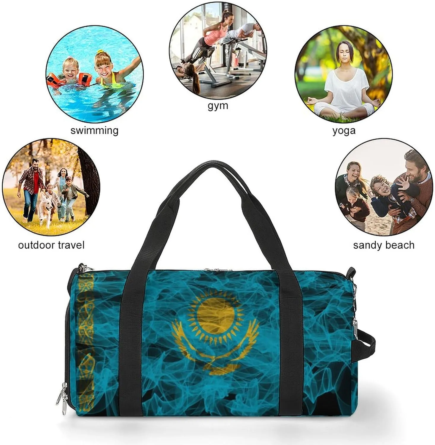 Kazakhstan Flag Smoke Style Travel Duffel Bag with Shoe Compartment for Gym Yoga Beach Weekender