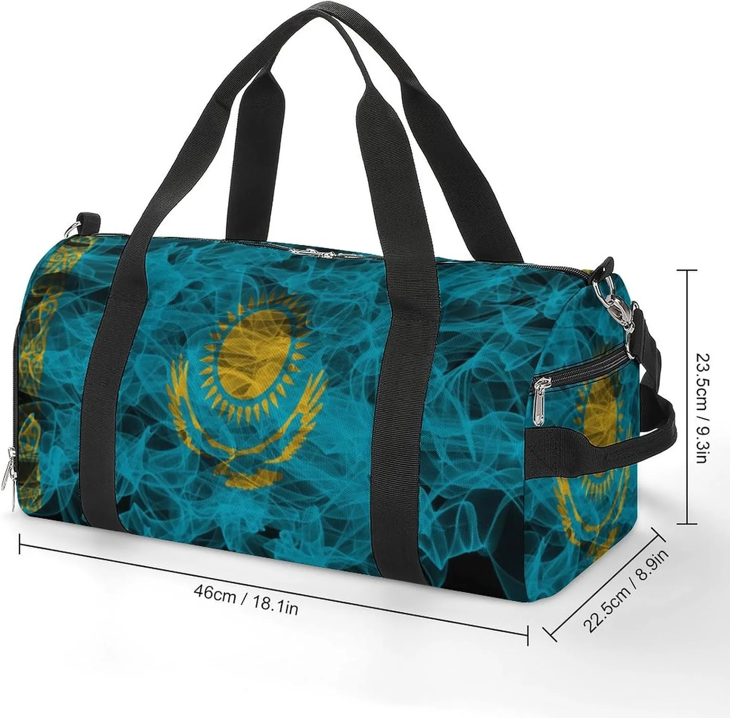 Kazakhstan Flag Smoke Style Travel Duffel Bag with Shoe Compartment for Gym Yoga Beach Weekender