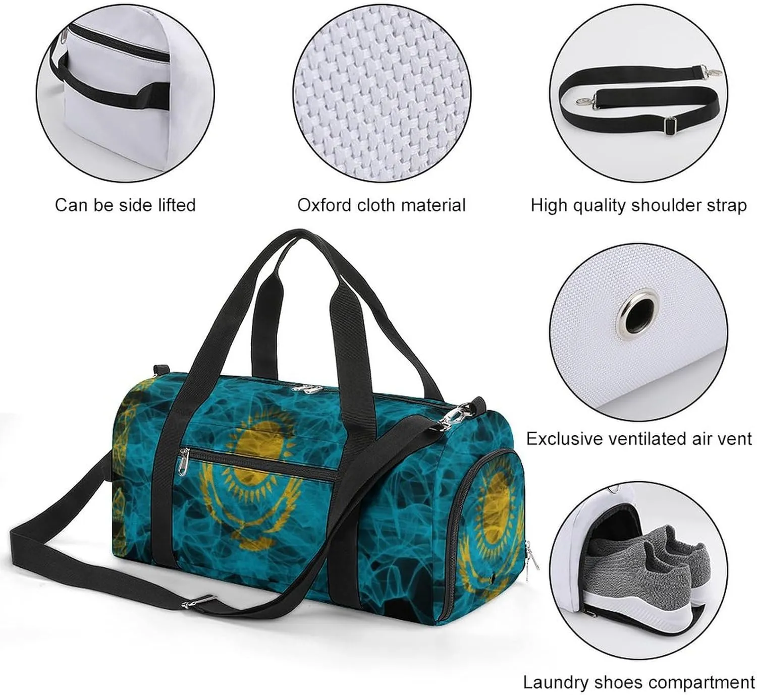 Kazakhstan Flag Smoke Style Travel Duffel Bag with Shoe Compartment for Gym Yoga Beach Weekender