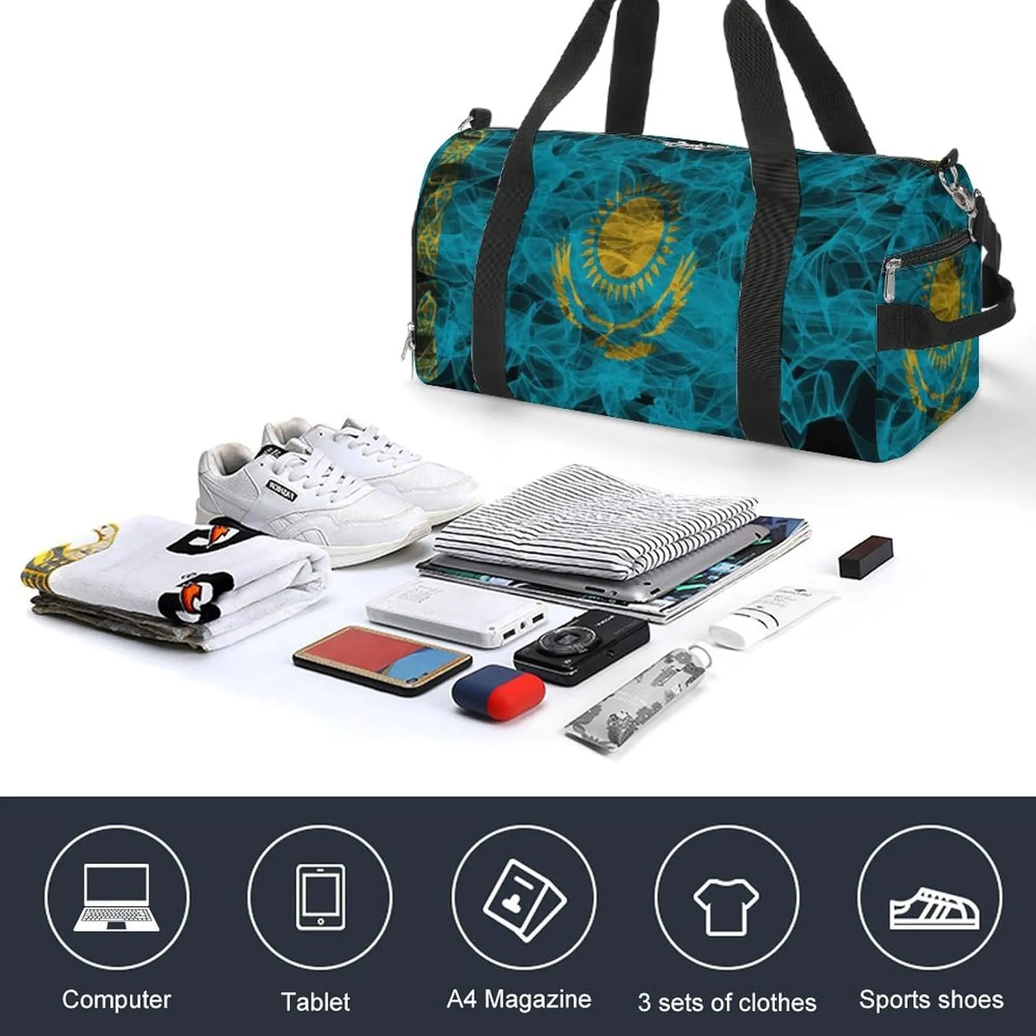 Kazakhstan Flag Smoke Style Travel Duffel Bag with Shoe Compartment for Gym Yoga Beach Weekender
