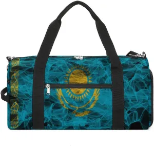 Kazakhstan Flag Smoke Style Travel Duffel Bag with Shoe Compartment for Gym Yoga Beach Weekender