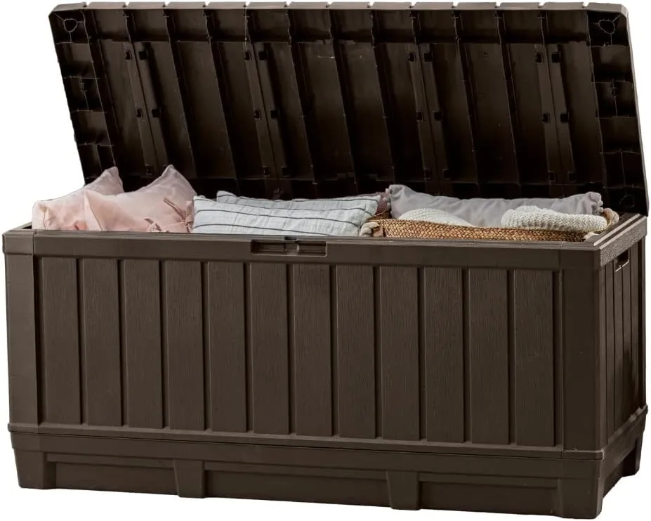 Keter Kentwood 92 Gallon Resin Deck Box-Organization and Storage for Patio Storage Box Outdoor Cushions, Throw Pillows, Garden Tools and Pool Floats, Brown